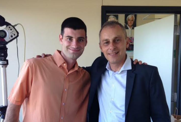 The new race caller at Emerald Downs: Matt Dinerman (left) with Robert Geller, the man he replaced. Dinerman Photo