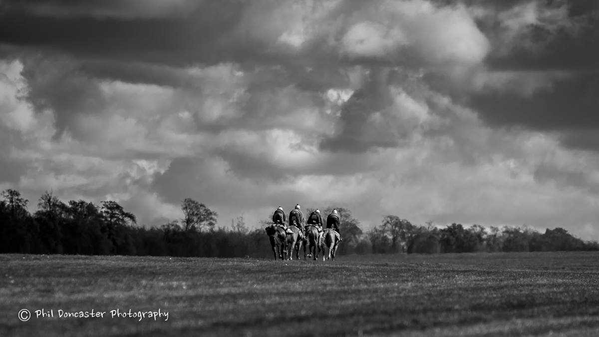 Four horses heading out for work on Warren Hill in Newmarket. Photo: Phil Doncaster. 