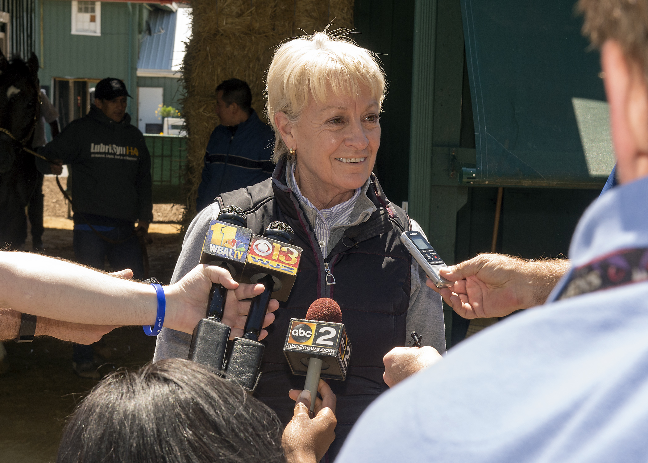Handling the media: Ginny DePasquale fields questions about Always Dreaming after the colt arrived at Pimlico ahead of the Preakness Stakes. Photo: Pimlico Race Course