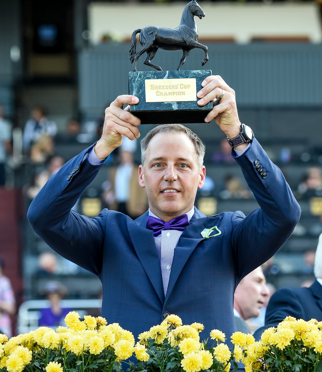 Bob Edwards with the trophy after New Money Honey’s victory at Santa Anita: “It was unbelievable when we won,” he says. “We didn’t know what to do.” Photo: Bob Mayberger/Eclipse Sportswire/Breeders’ Cup