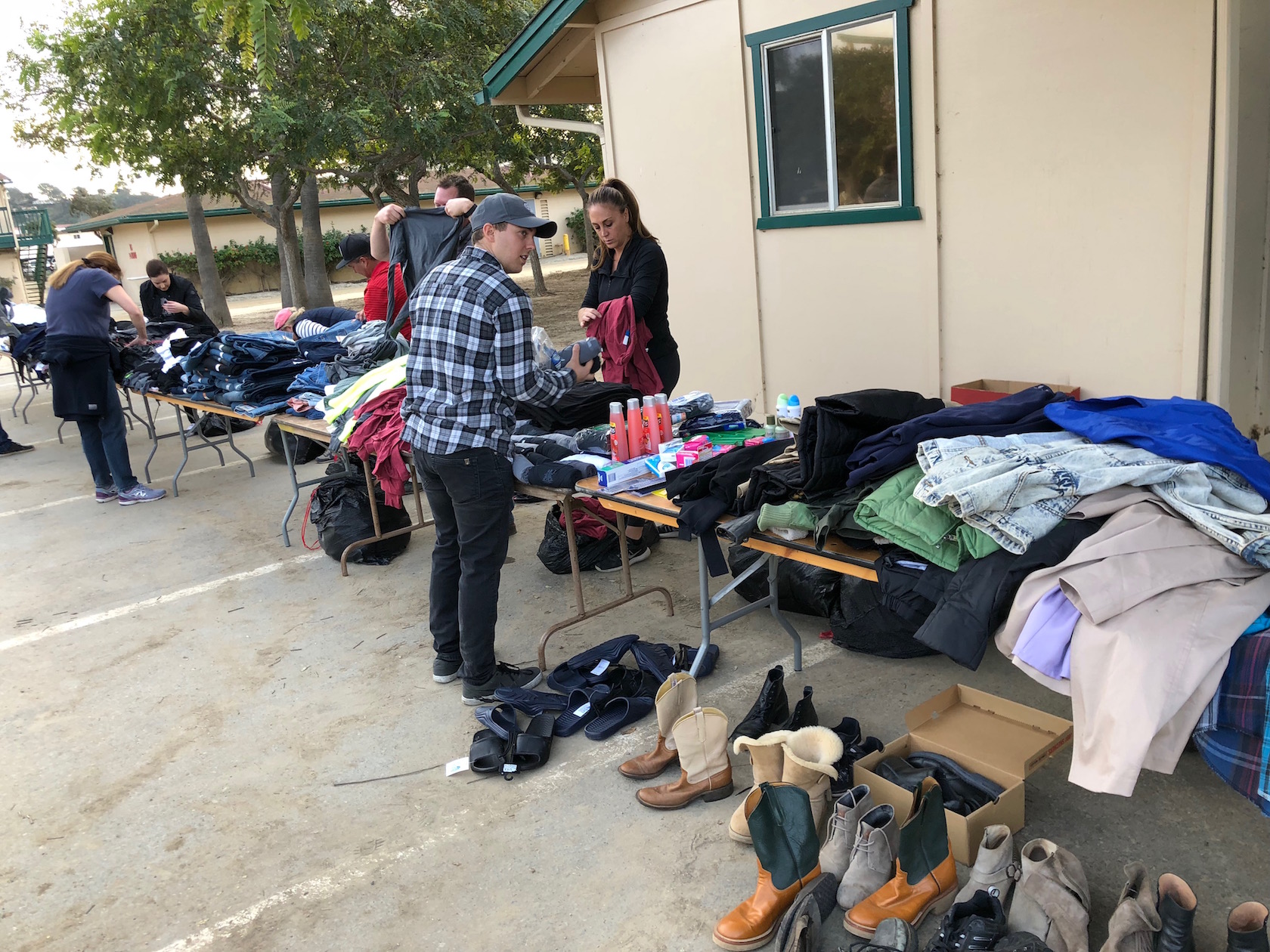 A table of donated supplies set up at Del Mar for the backstretch workers who had lost everything in the fire