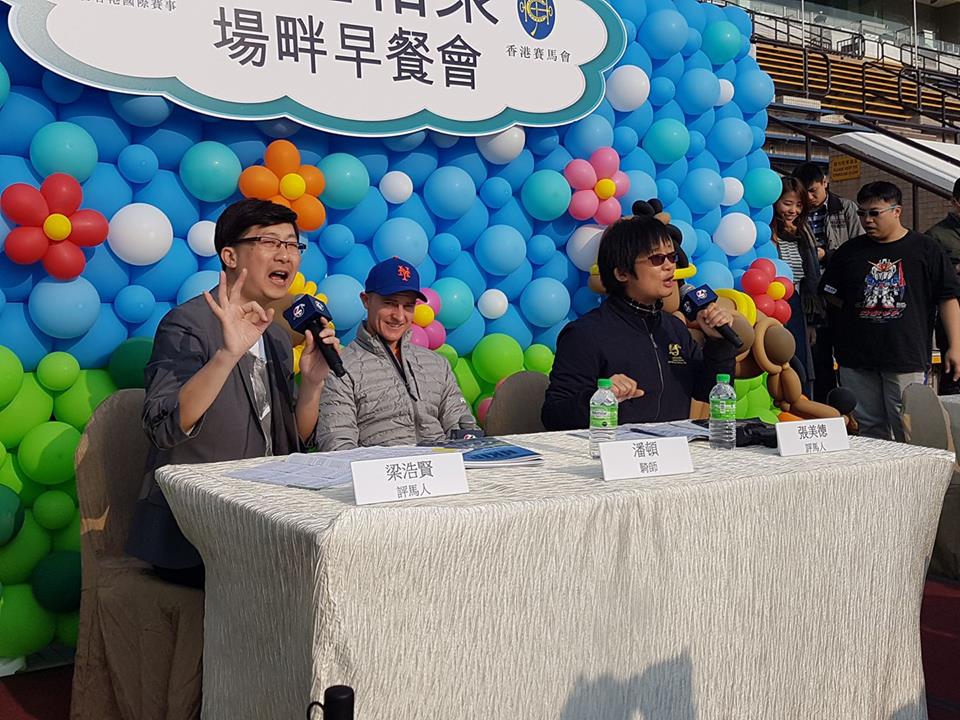 Simon Leung and Angelin Chang conduct trackside interviews with, among others, a smiling Zac Purton (centre). Photo: Kristen Manning