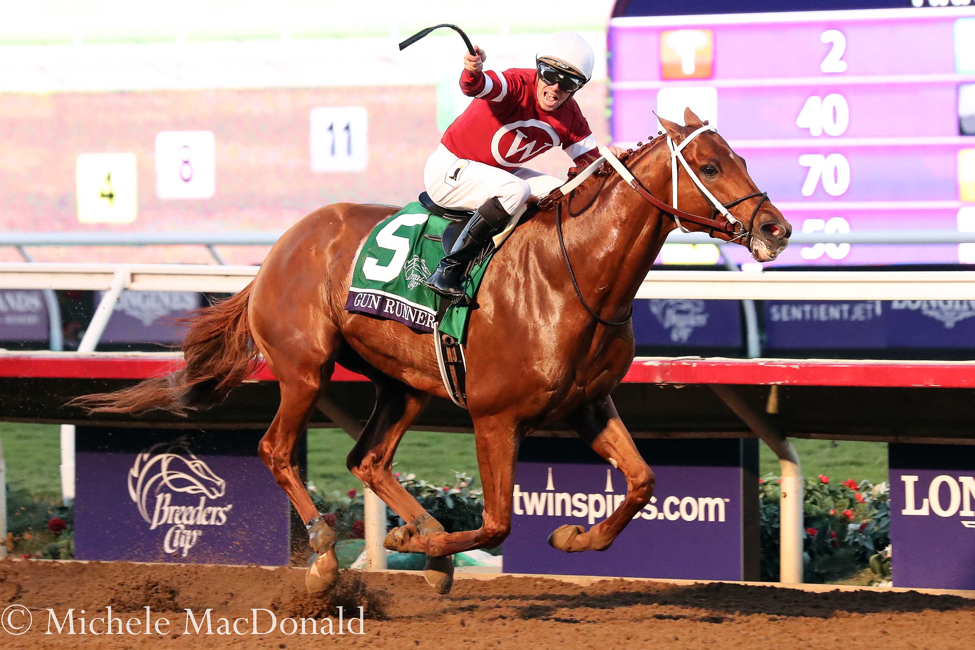 Mission accomplished: Florent Geroux and Gun Runner are triumphant in the BC Classic at Del Mar last November. Photo: Michele MacDonald