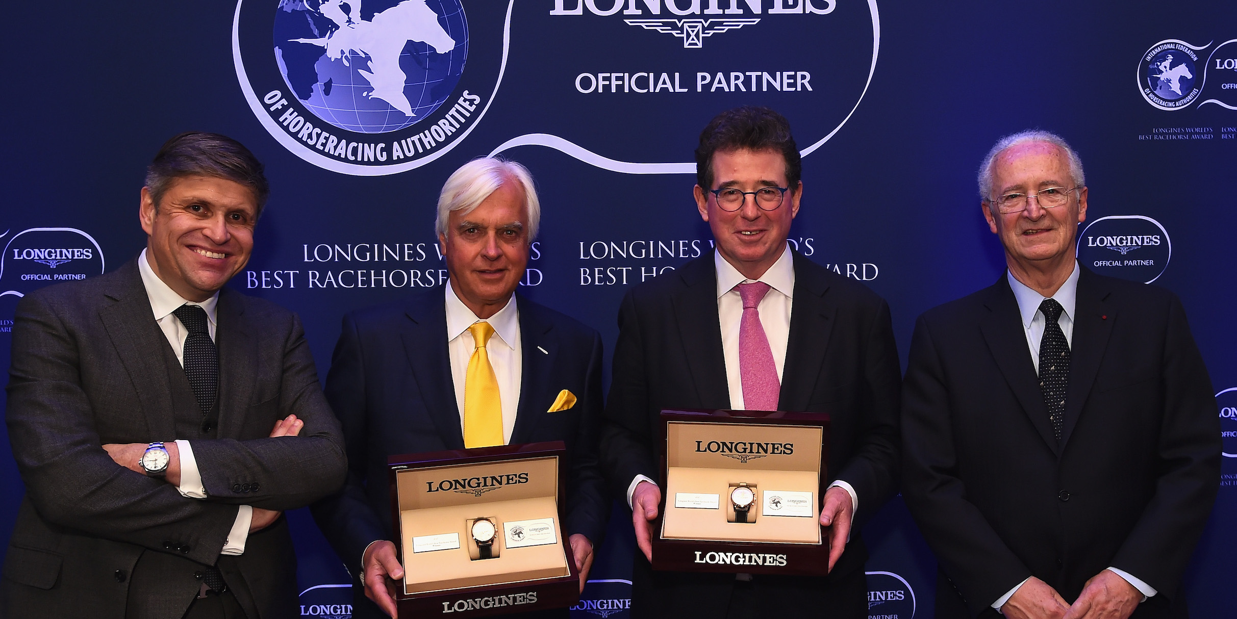 Arrogate’s trainer, Bob Baffert (second left), and Lord Grimthorpe (third left), owner Prince Khalid Abdullah’s racing manager, at the London presentation with Longines vice president Juan-Carlos Capelli (left) and IFHA chairman Louis Romanet. Photo: Longines