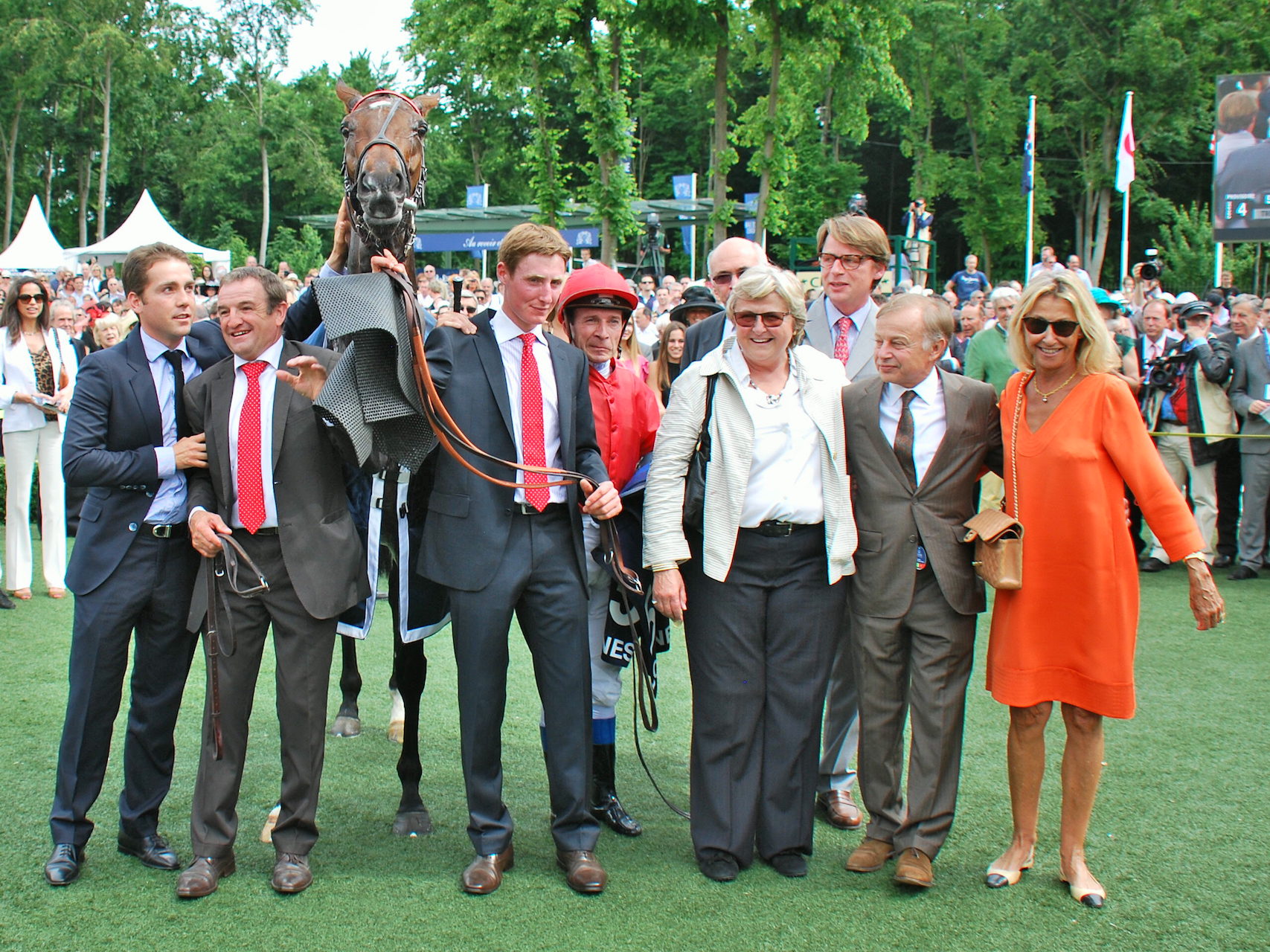 Pure joy: Treve, Criquette, brother Freddy (on Criquette’s right), jockey Thierry Jarnet and other winning connections after the 2013 Prix de Diane at Chantilly. The filly was owned by Haras du Quesnay at the time but was then bought by Al Shaqab. Photo: John Gilmore