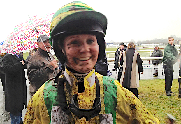 Mud-spattered but delighted: Rachel King after a victory over hurdles at Ludlow, England, in 2012. Photo: amateurjockeys.org.uk