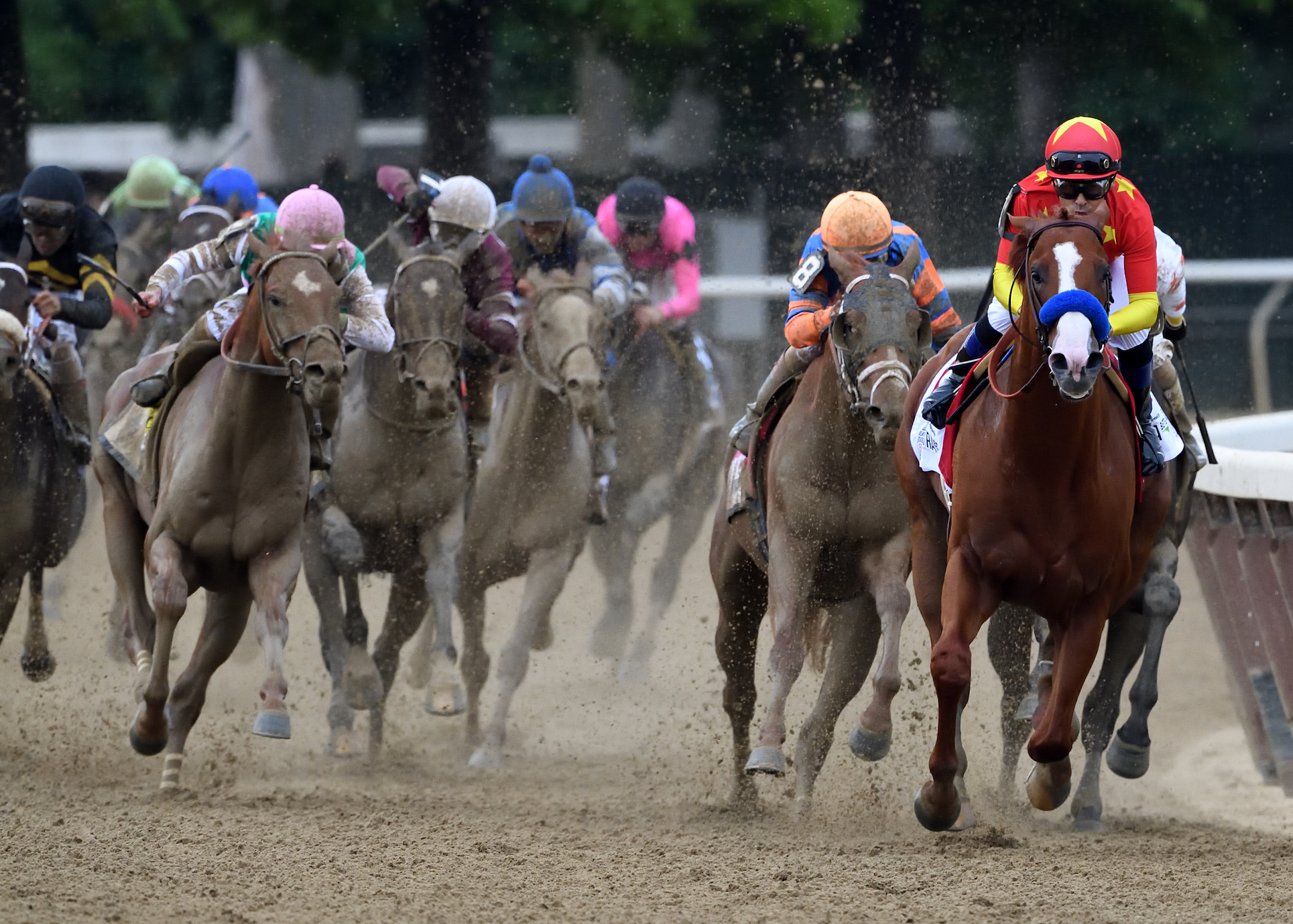 In charge: Mike Smith and Justify are still poised and in full control entering the stretch as the other runners struggle desperately to try to challenge. Photo: Rob Mauhar/NYRA.com