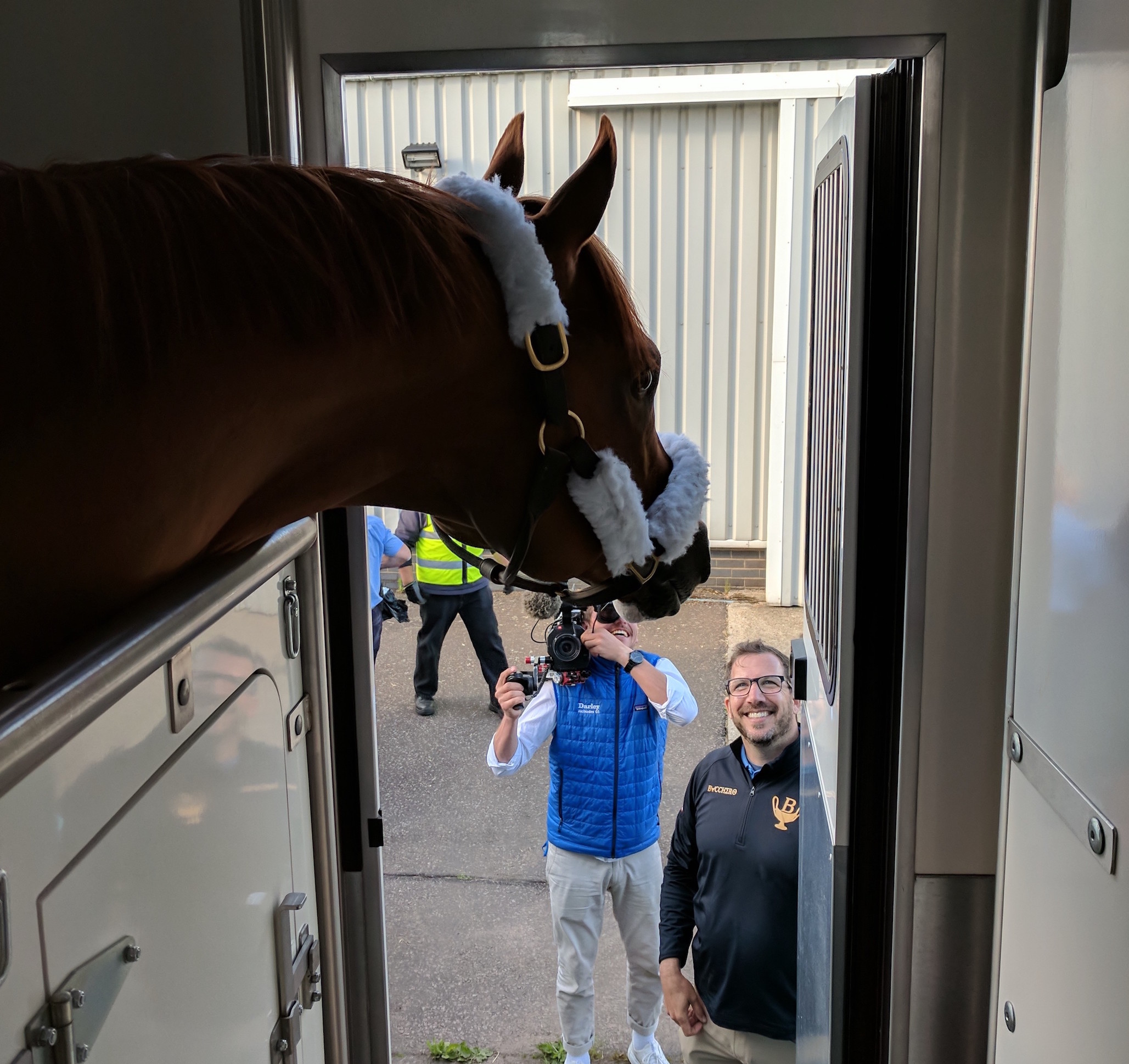 Welcome to England: owner Harlan Malter greets Bucchero in Newmarket