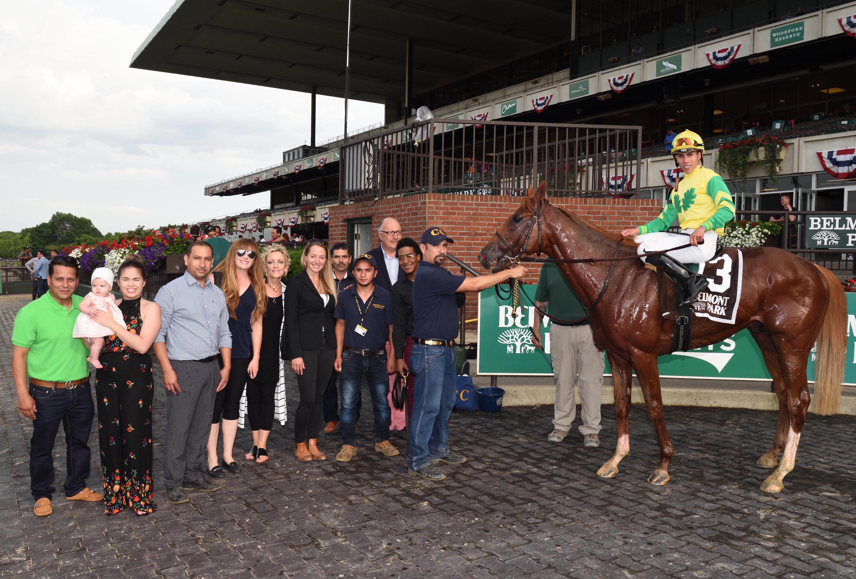 Winning team: Therapist (Irad Ortiz Jr) with his delighted entourage after winning the Stallion Stakes Series Spectacular Bid Division at Belmont Park. Photo: Adam Coglianese/NYRA.com