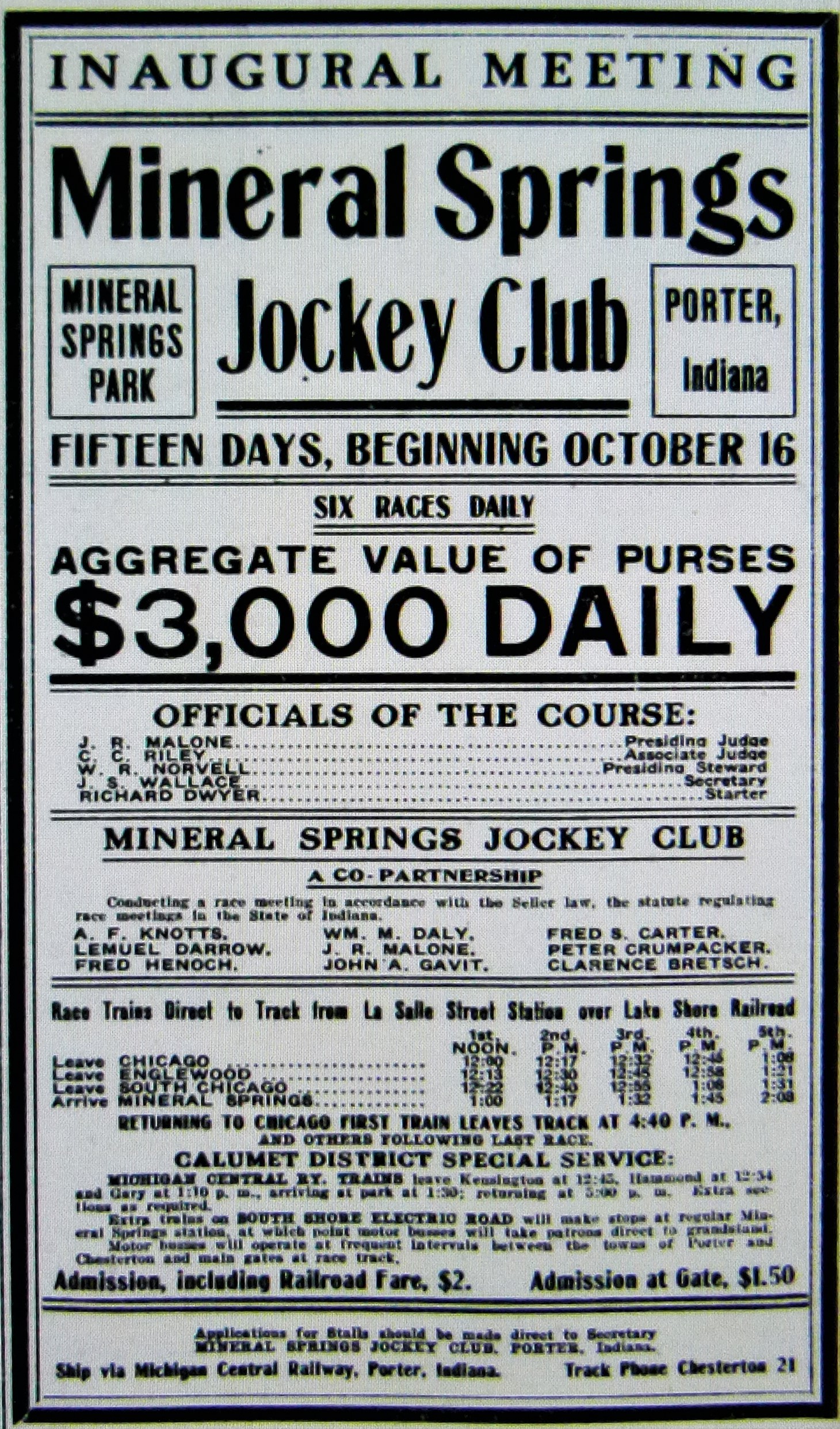 An advertisement in the Daily Racing Form for the first meeting at Mineral Springs