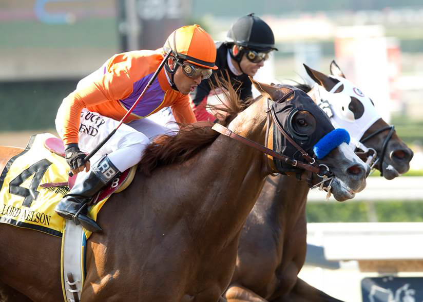 Lord Nelson and Rafael Bejarano winning the G1 Triple Bend Stakes from Subtle Indian at Santa Anita in June 2016. Benoit photo
