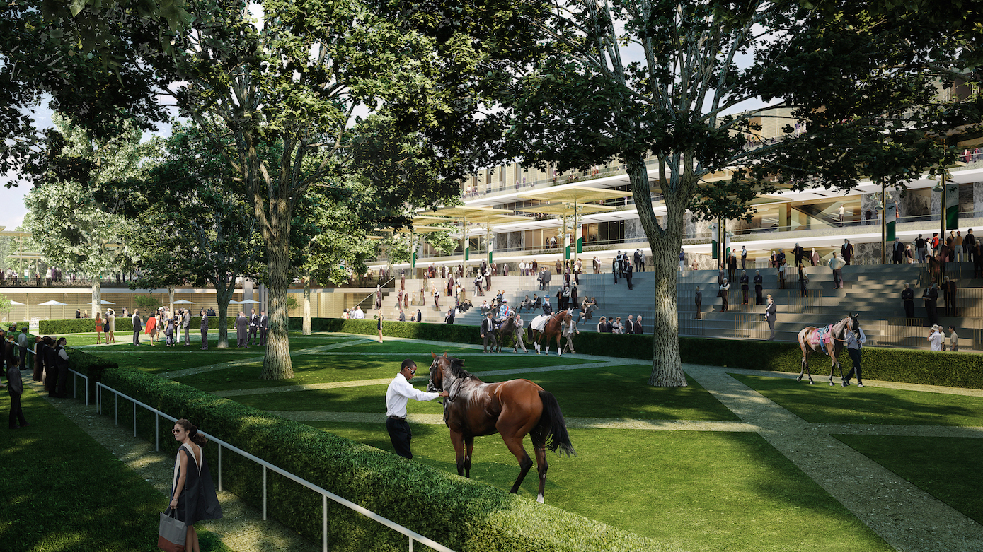 The new parade ring: the impressive new bistro is towards the left. Photo: DPA Architecture / Studio Explore