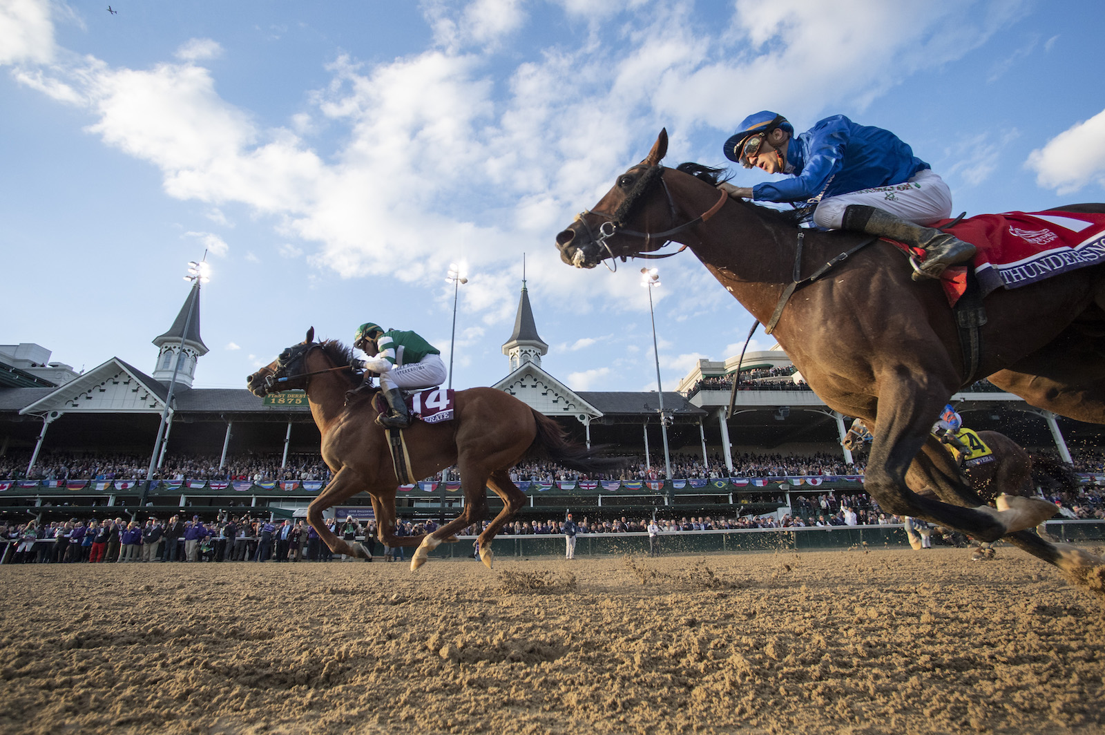 Just too strong: Accelerate is clear of third-placed Thunder Snow (nearside) in the closing stages with the partly hidden Gunnevera finishing strongly to take second. Photo: Scott Serio/Eclipse Sportswire/CSM