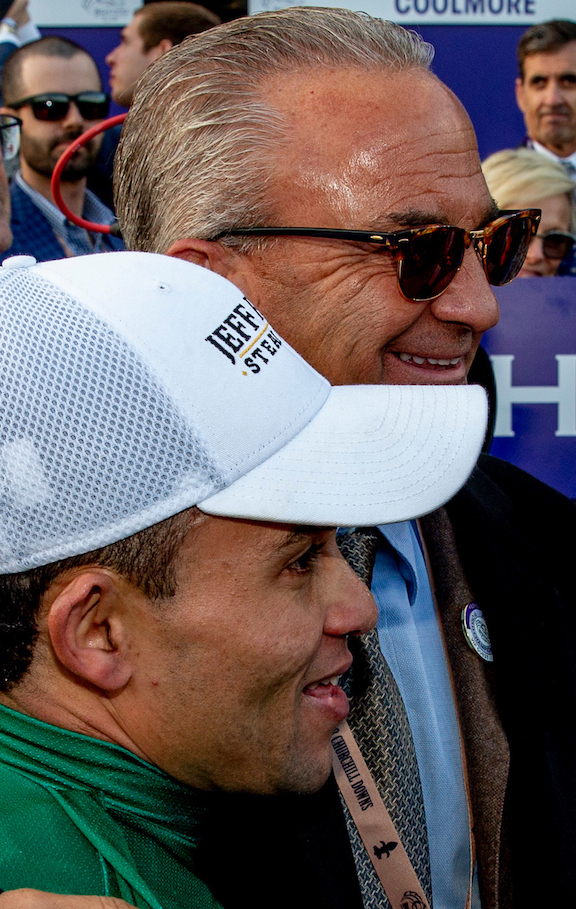 Enjoying the moment: Kosta Hronis with winning jockey Joel Rosario after Accelerate’s victory in the Breeders’ Cup Classic. Photo: Bill Denver/Eclipse Sportswire/CSM