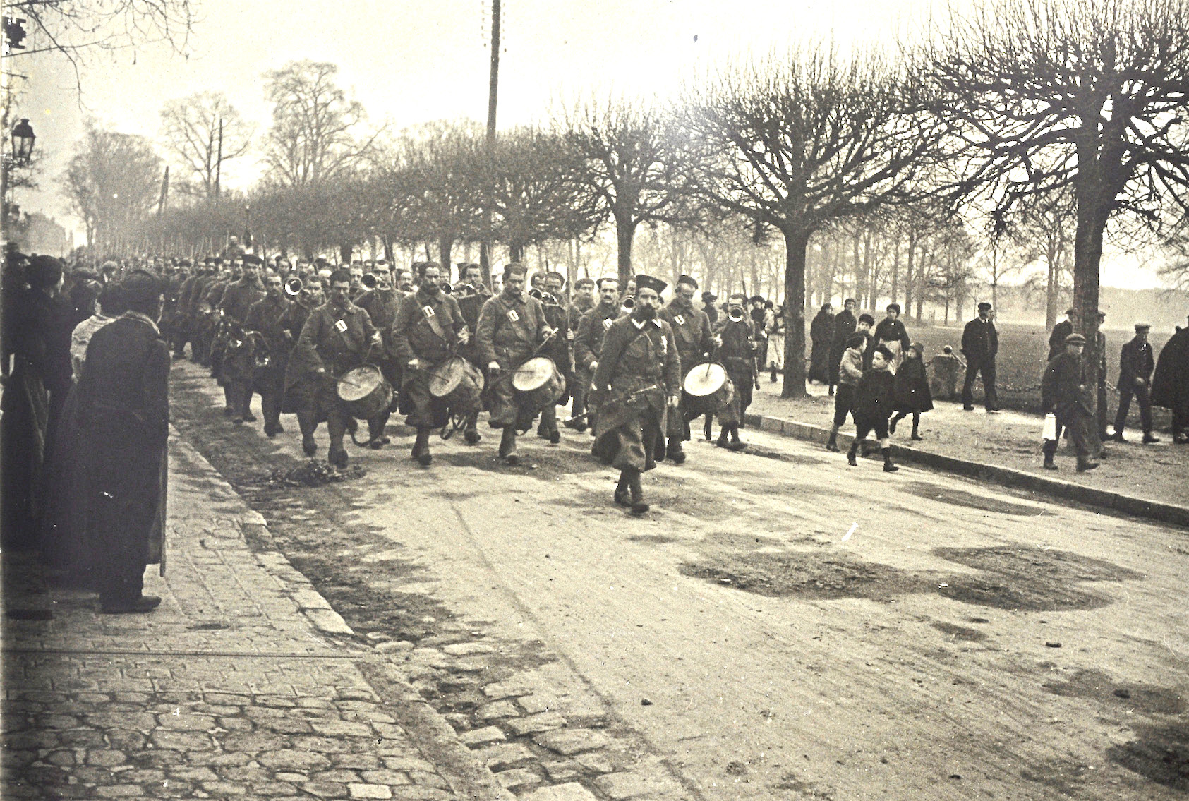 French Soldiers marching down down the Rue d’Aumale in Chantilly during late 1914. Photo provided by Sarah Gillois, who is responsible for history and culture at the town council