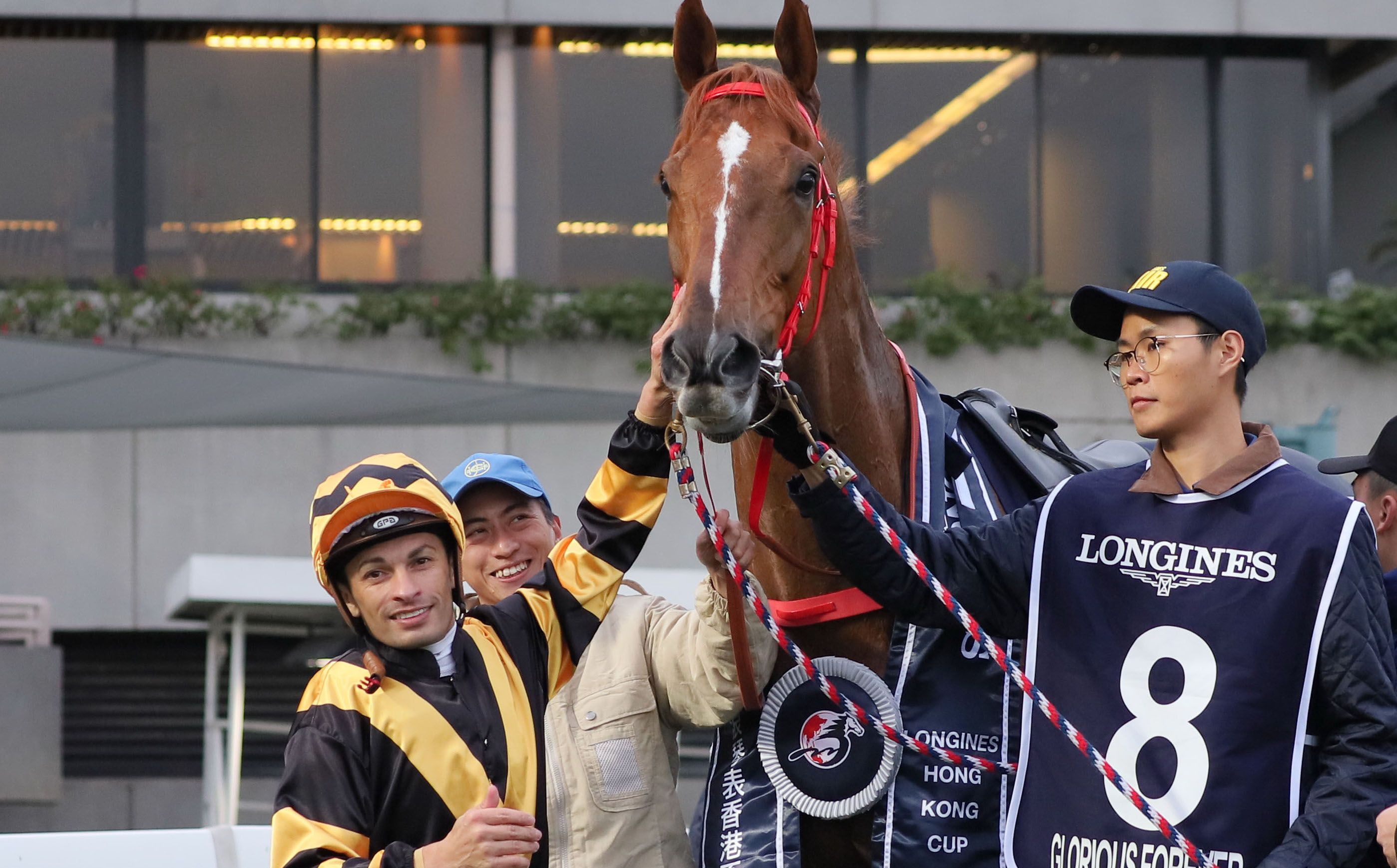 Glorious Forever and Silvestre De Sousa after winning the G1 Longines Hong Kong Cup. Photo: Hong Kong Jockey Club