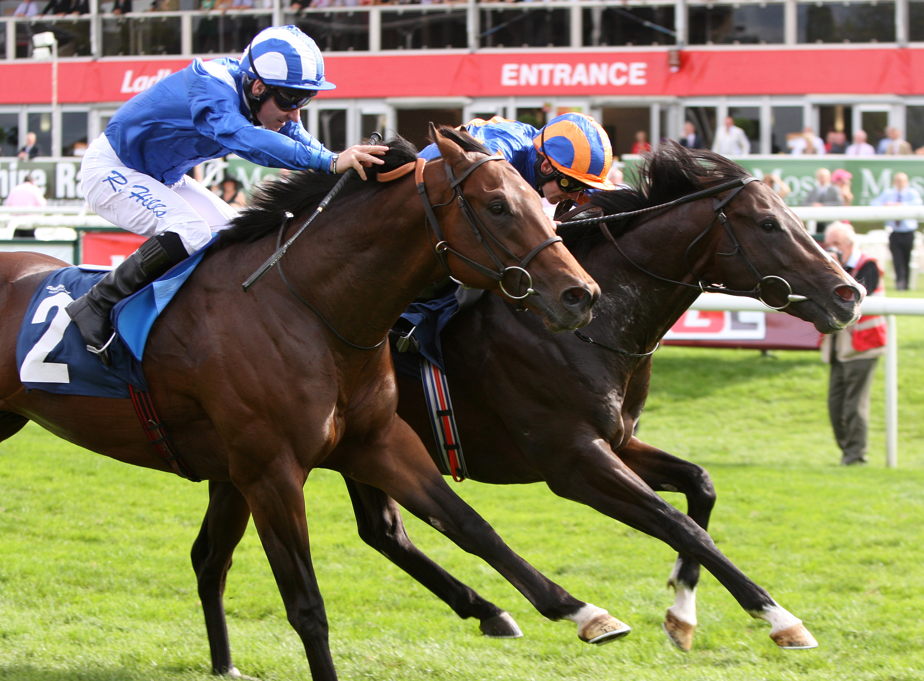 Burwaaz, whose full-brother is on offer at the sale, was a smart and precocious juvenile. He is seen on the left finishing a short-head runner-up to Requinto in the 2011 G2 Flying Childers Stakes at Doncaster