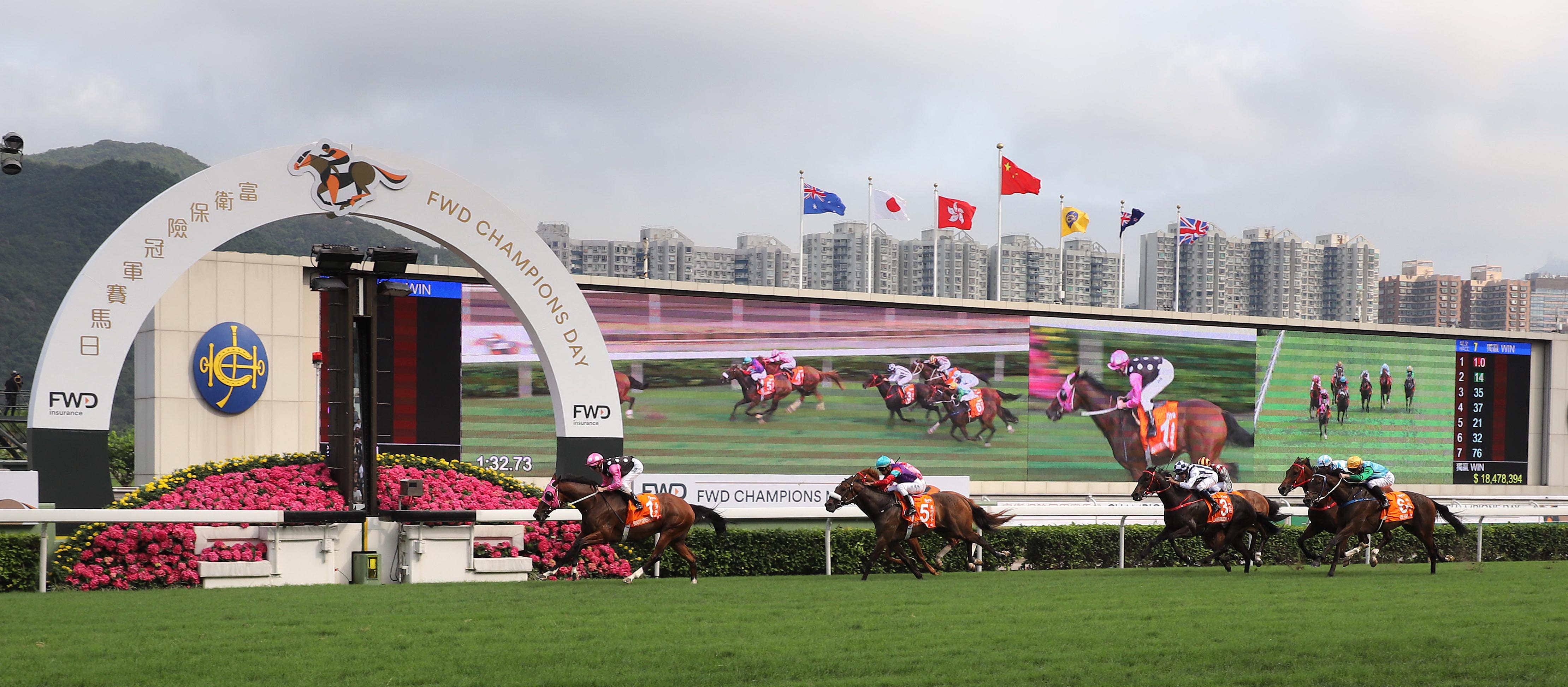 Different class: Beauty Generation (Zac Purton) saunters home clear after putting the rest of the field to the sword in the G1 Champions Mile. Photo: Hong Kong Jockey Club