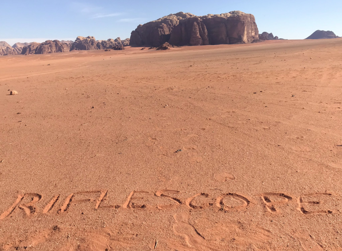 Hot Scot Racing carried out a fun campaign to try to get Riflescope invited to the Al Quoz Sprint on Dubai World Cup day. It included writing the horse’s name in sand on various beaches and historic sites across the Middle East, including Wadi Rum in the Jordan Desert near Aqaba. Twitter photo
