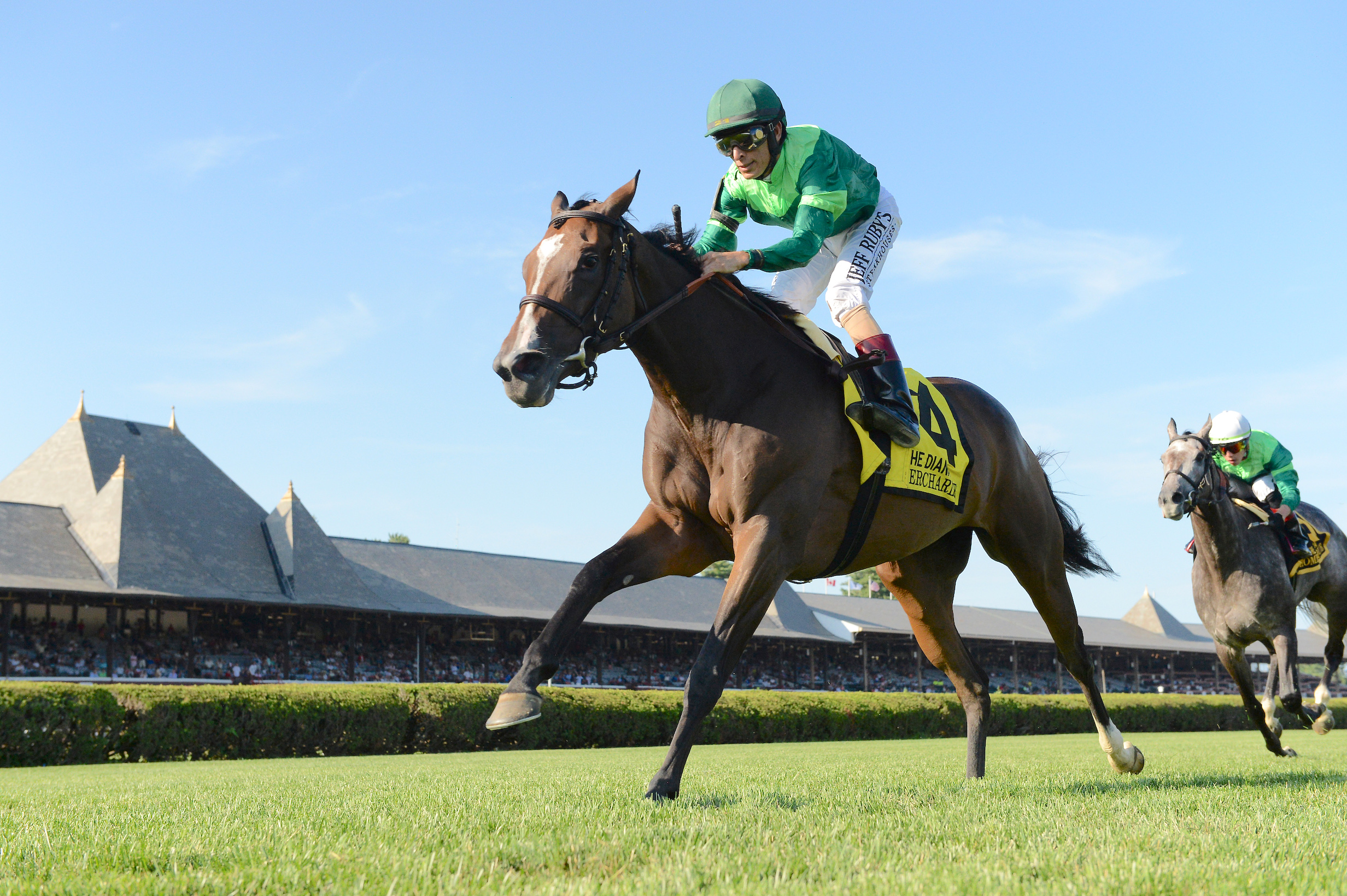 Sistercharlie, an Arqana October yearling sale purchase, winning the G1 Diana Stakes at Saratoga last month. Her Fastnet Rock half-brother will be offered at Deauville this month. Photo: NYRA.com