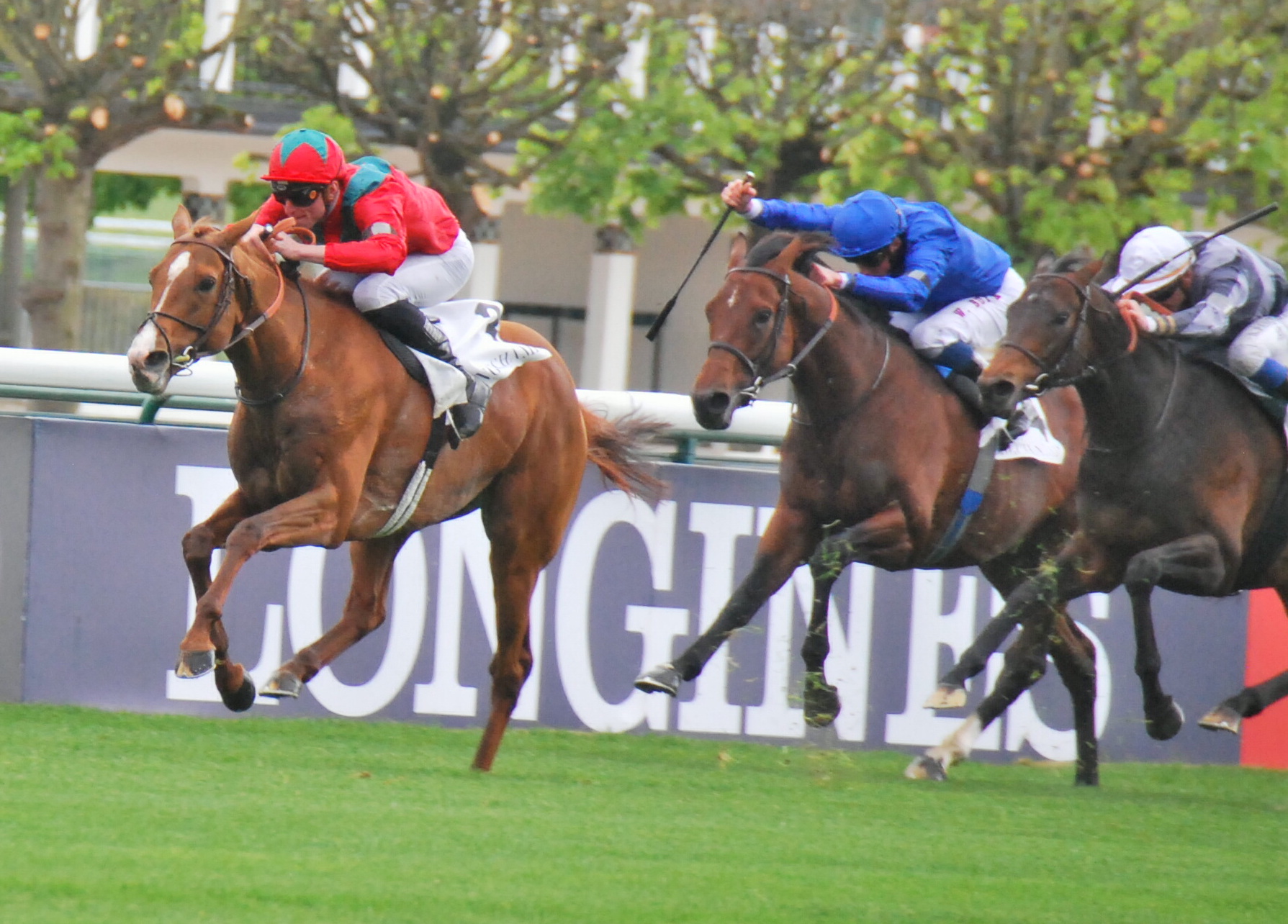 Waldgeist is too good for eventual third and likely Prix Foy rival Ghaiyyath (blue) in the G1 Prix Ganay in April. Study Of Man (right) finished second. Photo: John Gilmore