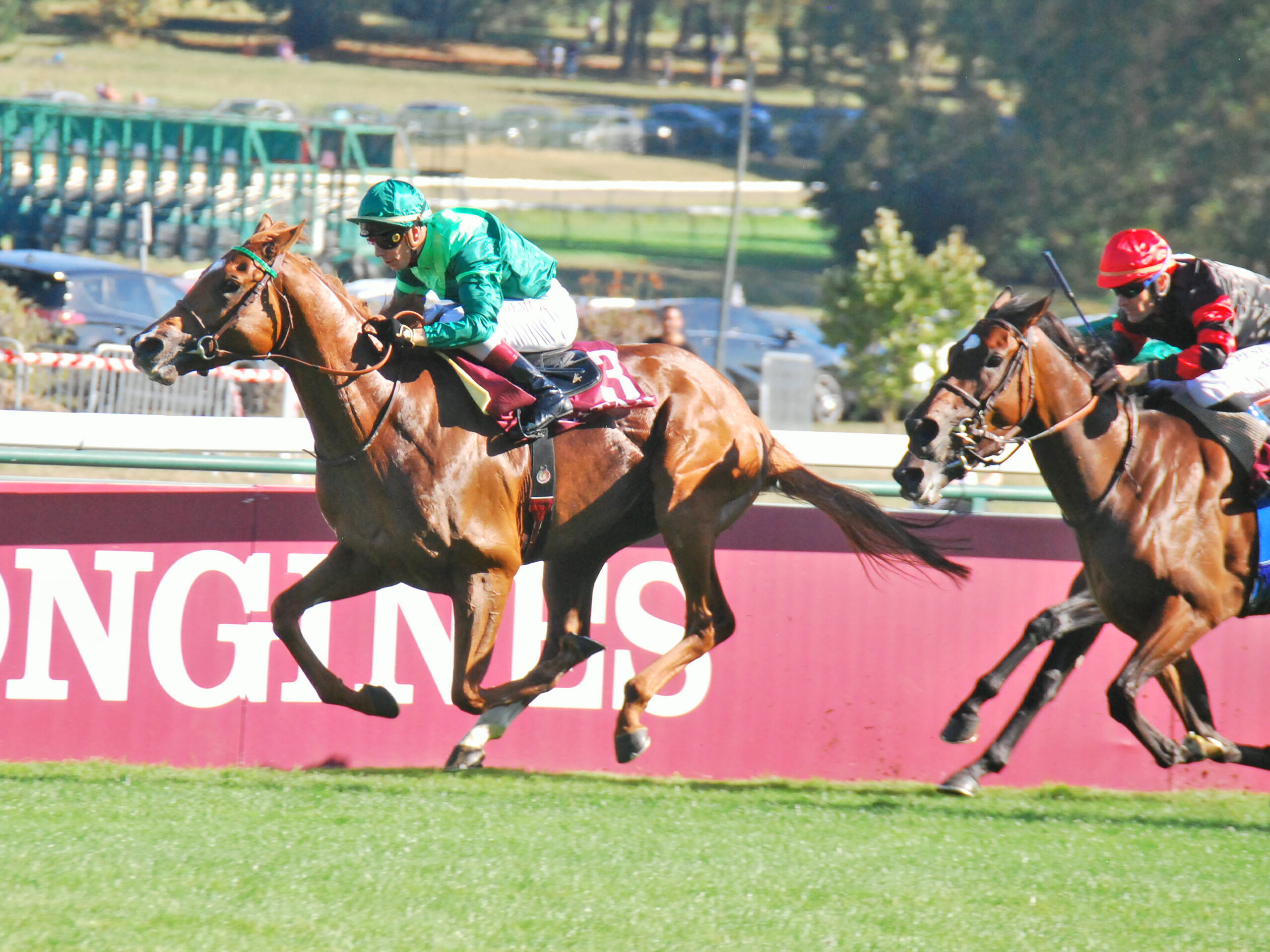 Instant acceleration: remarkably, Sottsass has gone clear in the final strides of the Prix Niel. A few metres earlier, such an outcome looked barely possible. Photo: John Gilmore