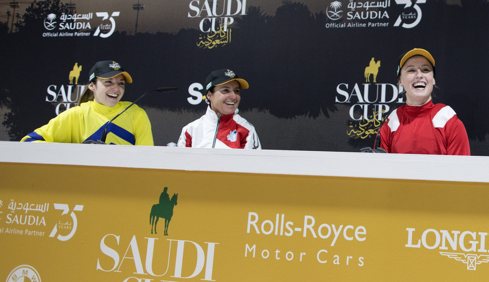 Star performers: Mickaëlle Michel (left), Lisa Allpress (centre) and Sibylle Vogt at the press conference after the event. Photo: Jockey Club of Saudi Arabia