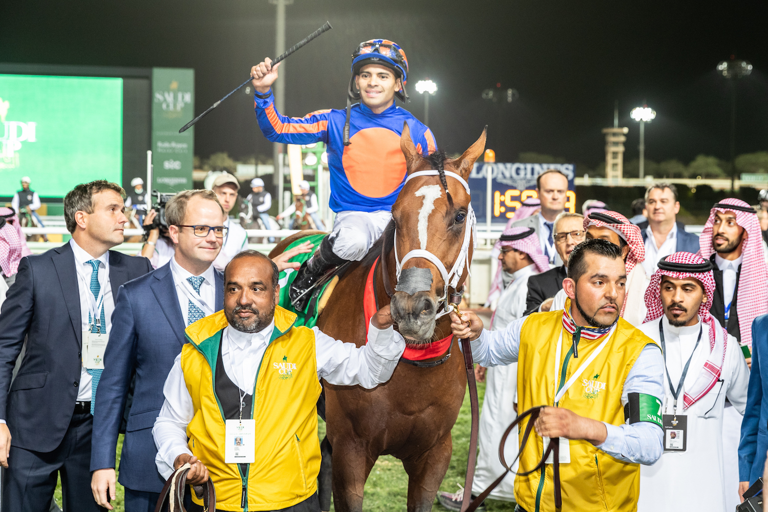 Heroes return: Maximum Security and Luis Saez acknowledge the cheers after winning the Sauid Cup. Photo: Jockey Club of Saudi Arabia