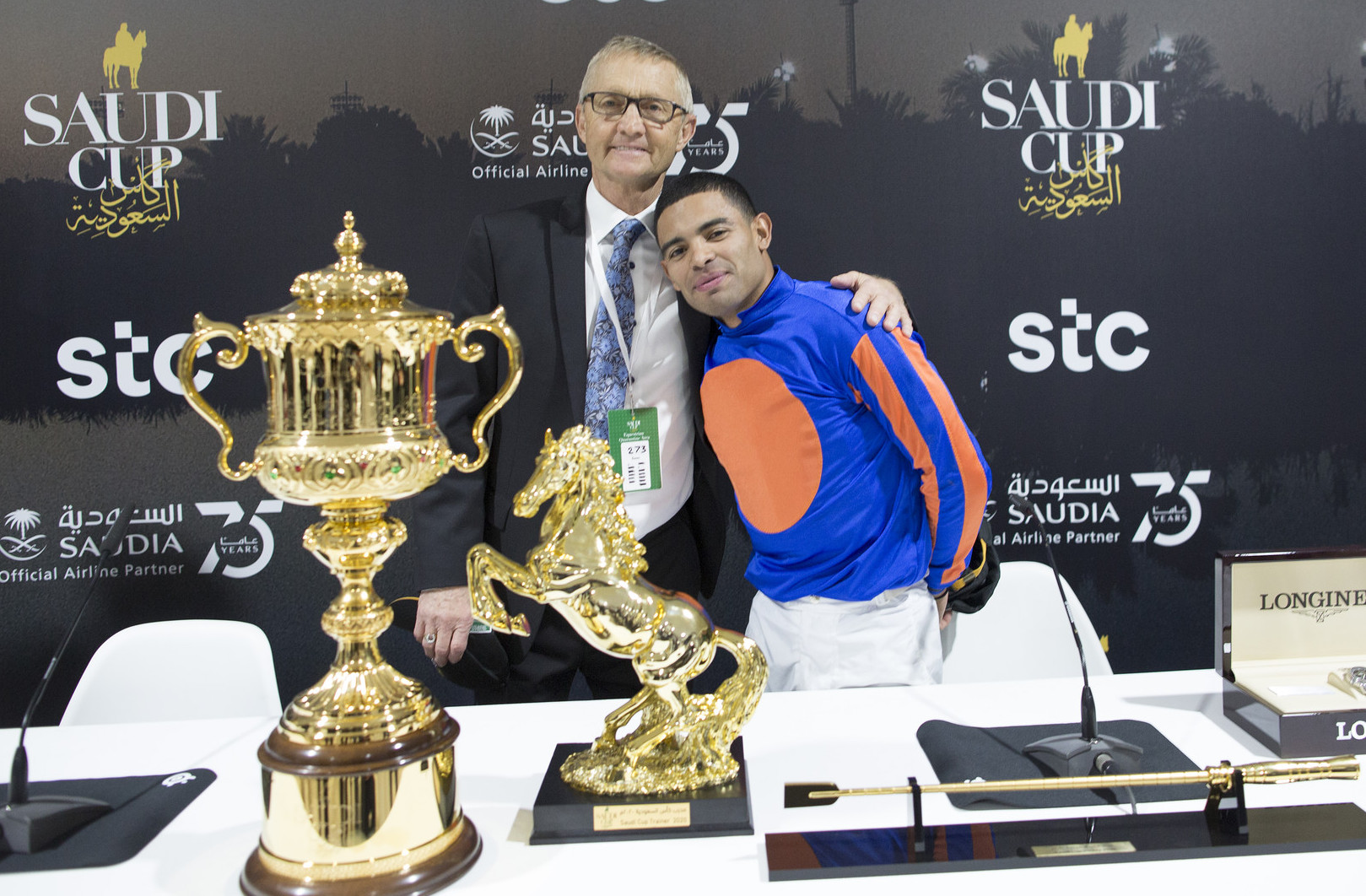 Golden moment: trainer Jason Servis and jockey Luis Saez after the Saudi Cup presentation. Photo: Jockey Club of Saudi Arabia