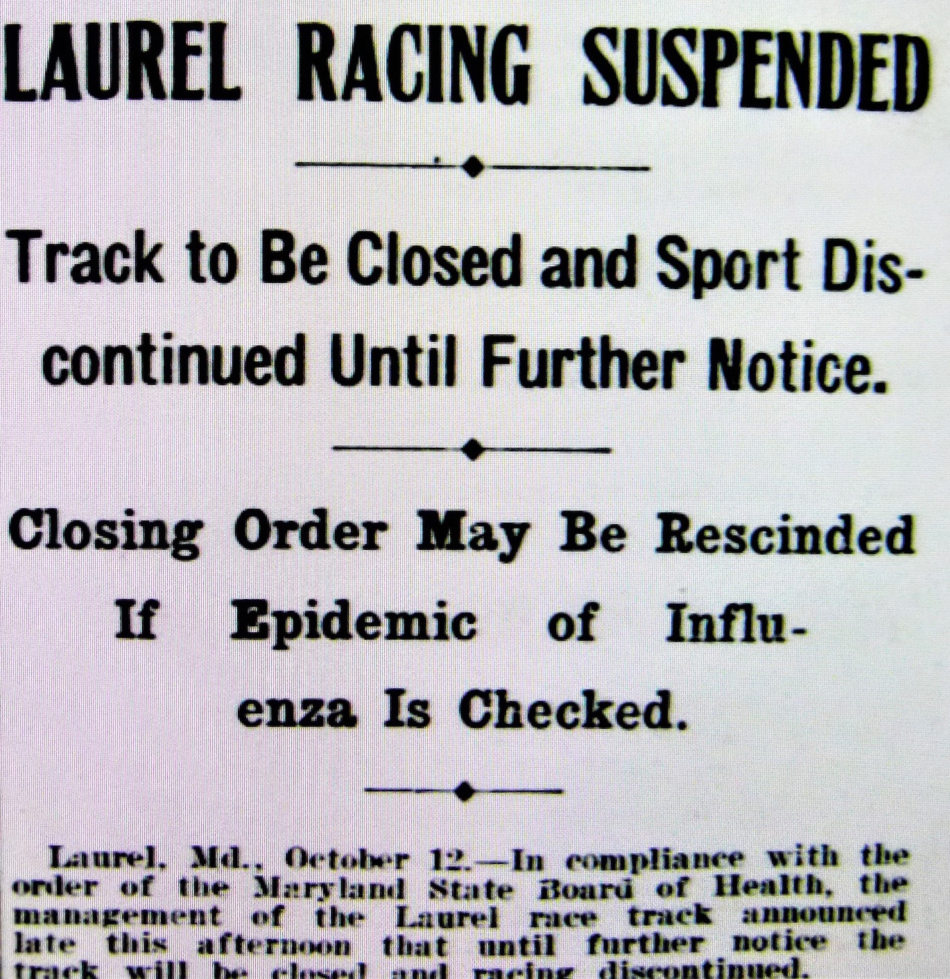 News of the suspension of racing at Laurel hit the front page of the October 13 Daily Racing Form