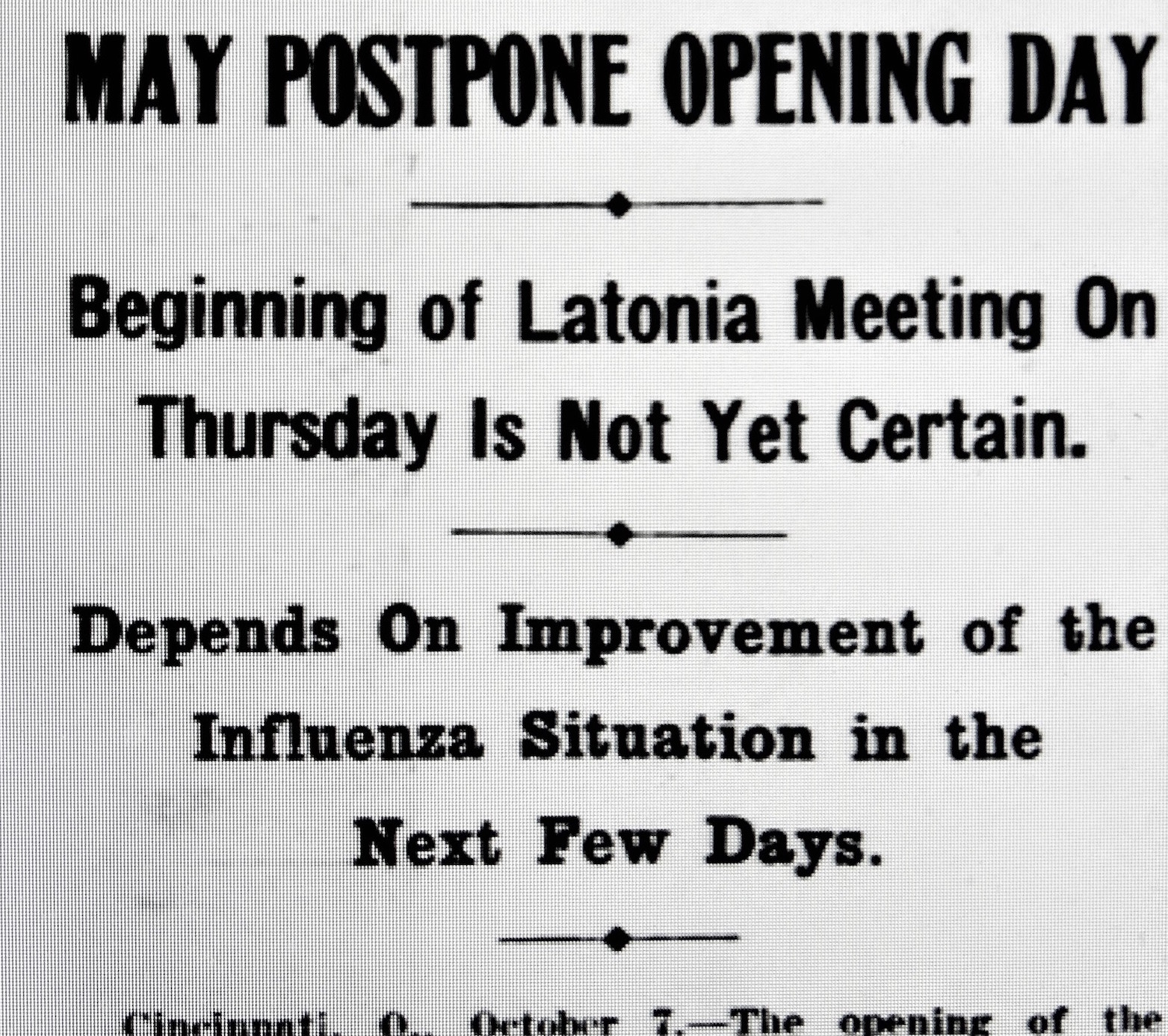 October 8, 1918: the Daily Racing Form headline on the postponement of the Latonia meeting