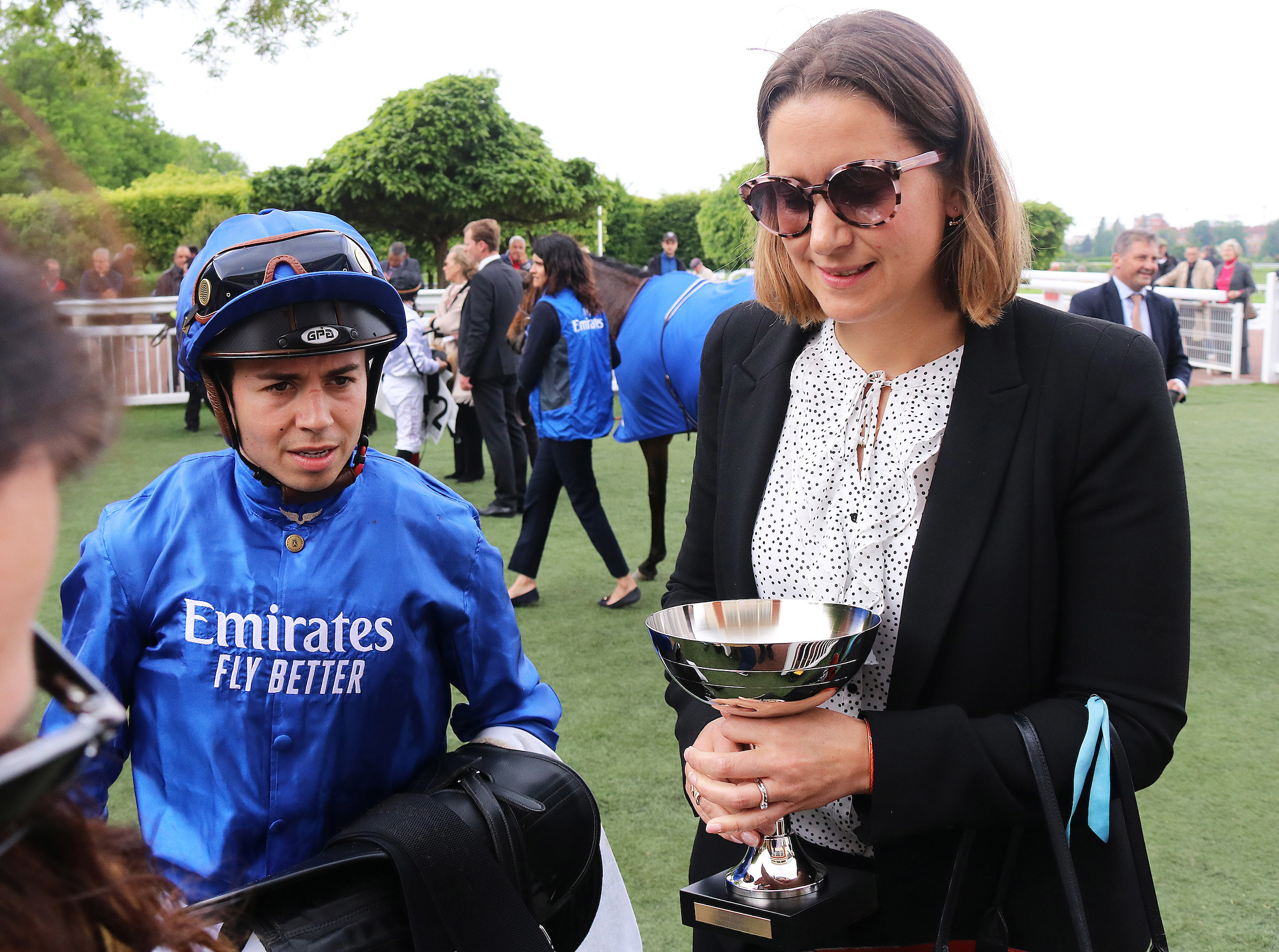 All in a day’s work: Lisa-Jane Graffard at Saint-Cloud with Mickael Barzalona, Godolphin’s main rider in France. Photo: focusonracing.com