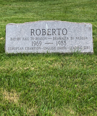 1972 Epsom winner Roberto held court at Darby Dan Farm until his death in 1988. Note the spelling of the name of the great race on his headstone at the farm. Photo: Kent Barnes