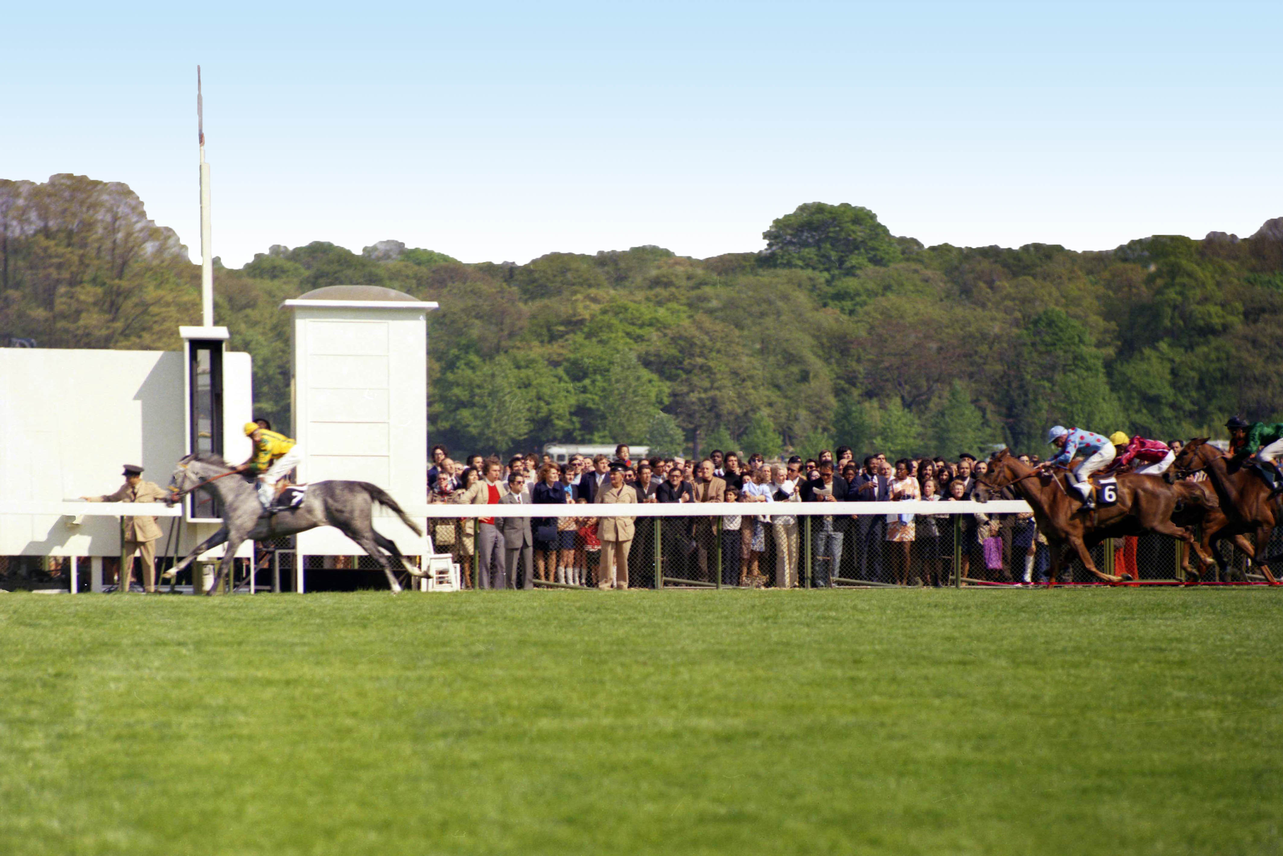 Bold Fascinator (Bill Williamson) runs away with the Poule d’Essai des Pouliches at Longchamp in 1971. It made Fellows the youngest trainer ever to win a Group 1. Photo: APRH