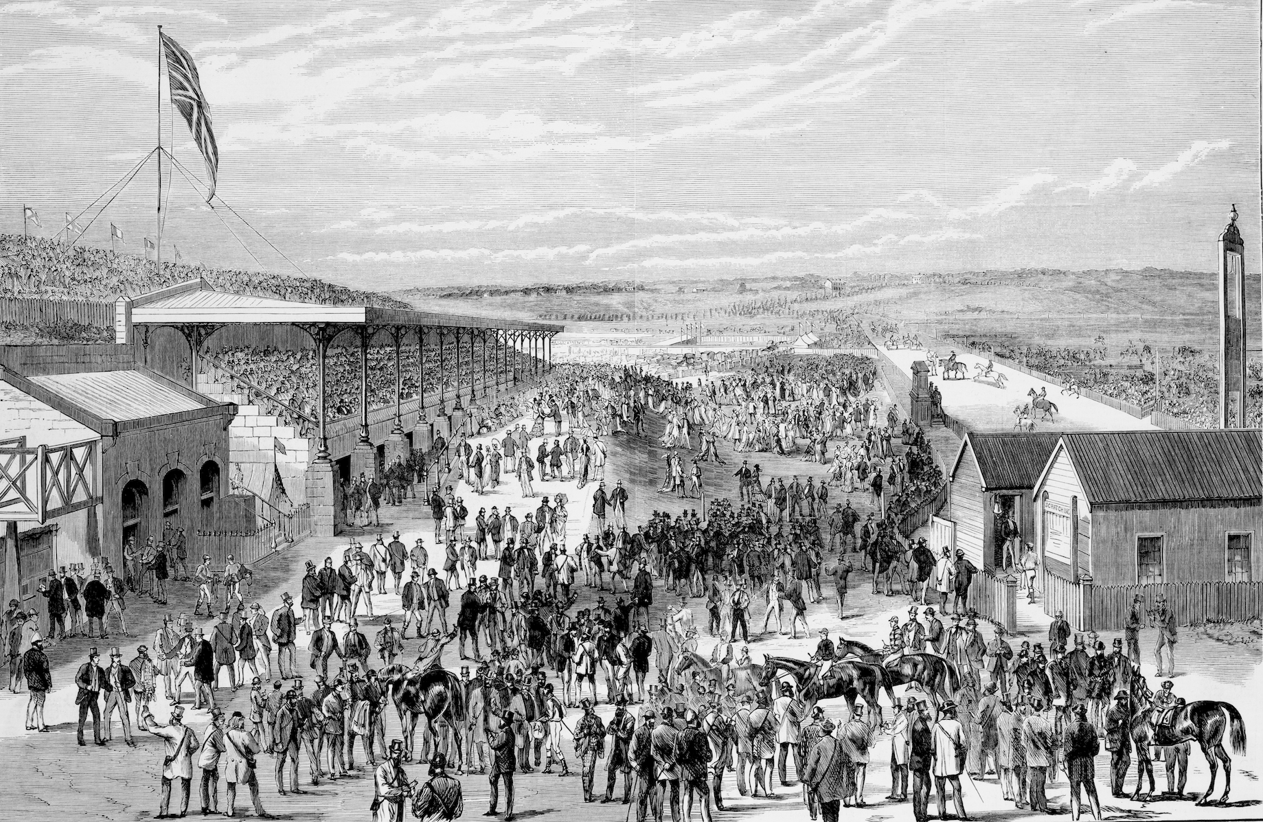 Flemington Racecourse was transformed by Robert Bagot in the 1860s and 70s. ‘Bagot’s Cowshed’ can be seen on the left. Photo: State Library of Victoria