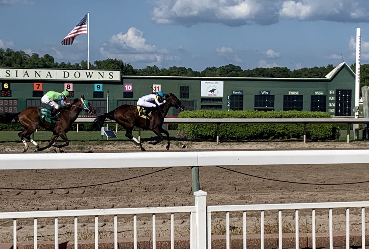 One for The Ripper: Jack Gilligan wins an allowance race at Louisiana Downs on Boston Repo for trainer Karl Broberg