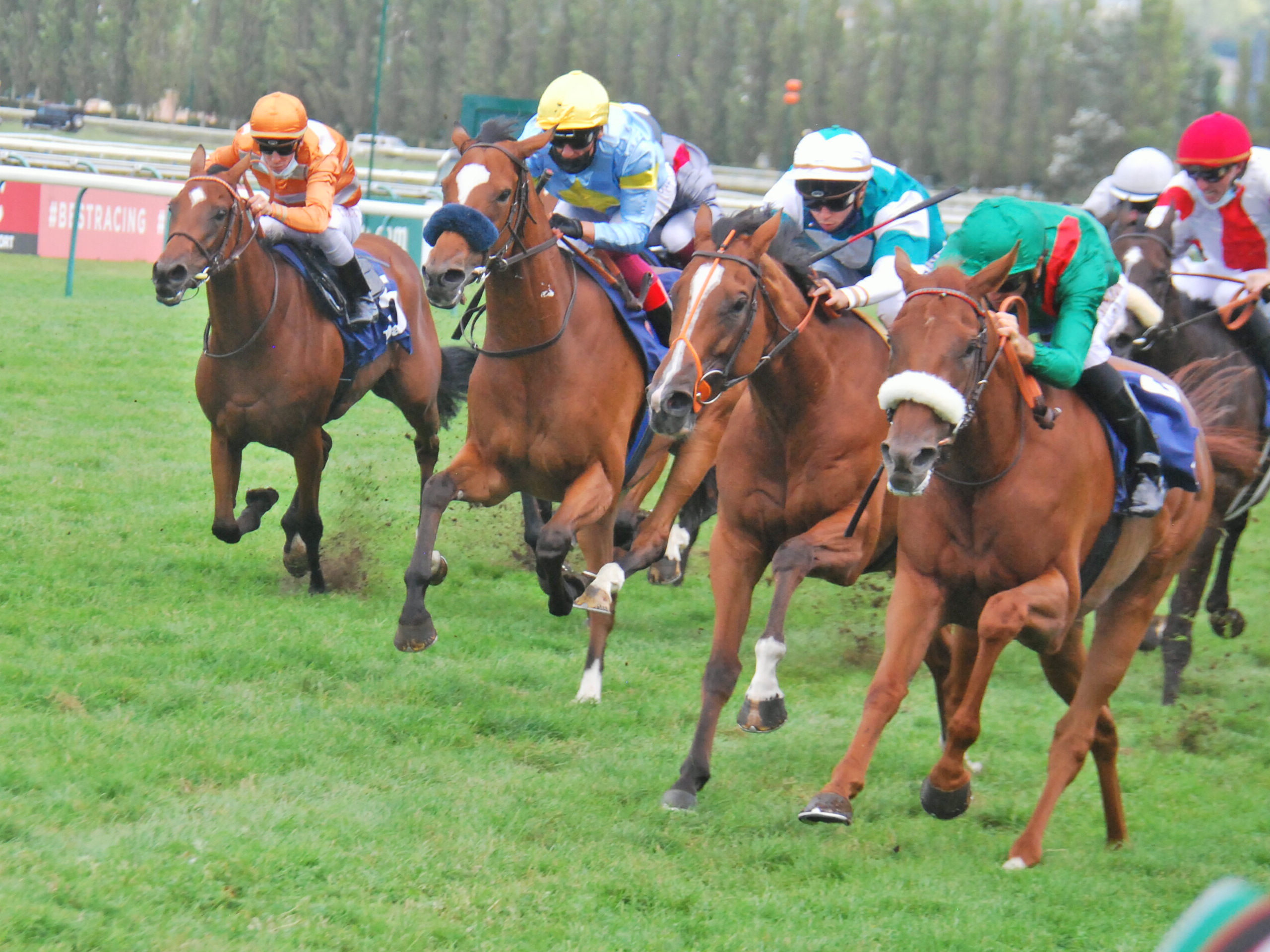 Grand Glory and Frankie Dettori (yellow cap, second left) finishing third to Ebaiyra (noseband, Christophe Soumillon) in the G2 Prix Pomone at Deauville. Photo: John Gilmore