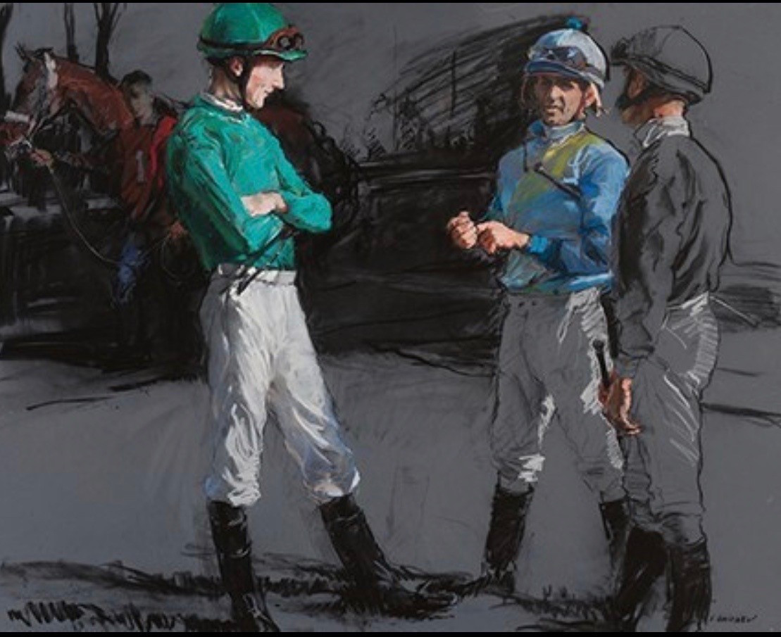 Holding court: Artist Valeriy Gridnev’s portrait of Robby Albarado (centre) in the paddock at Keeneland with Jack Gilligan (green) and another jockey 