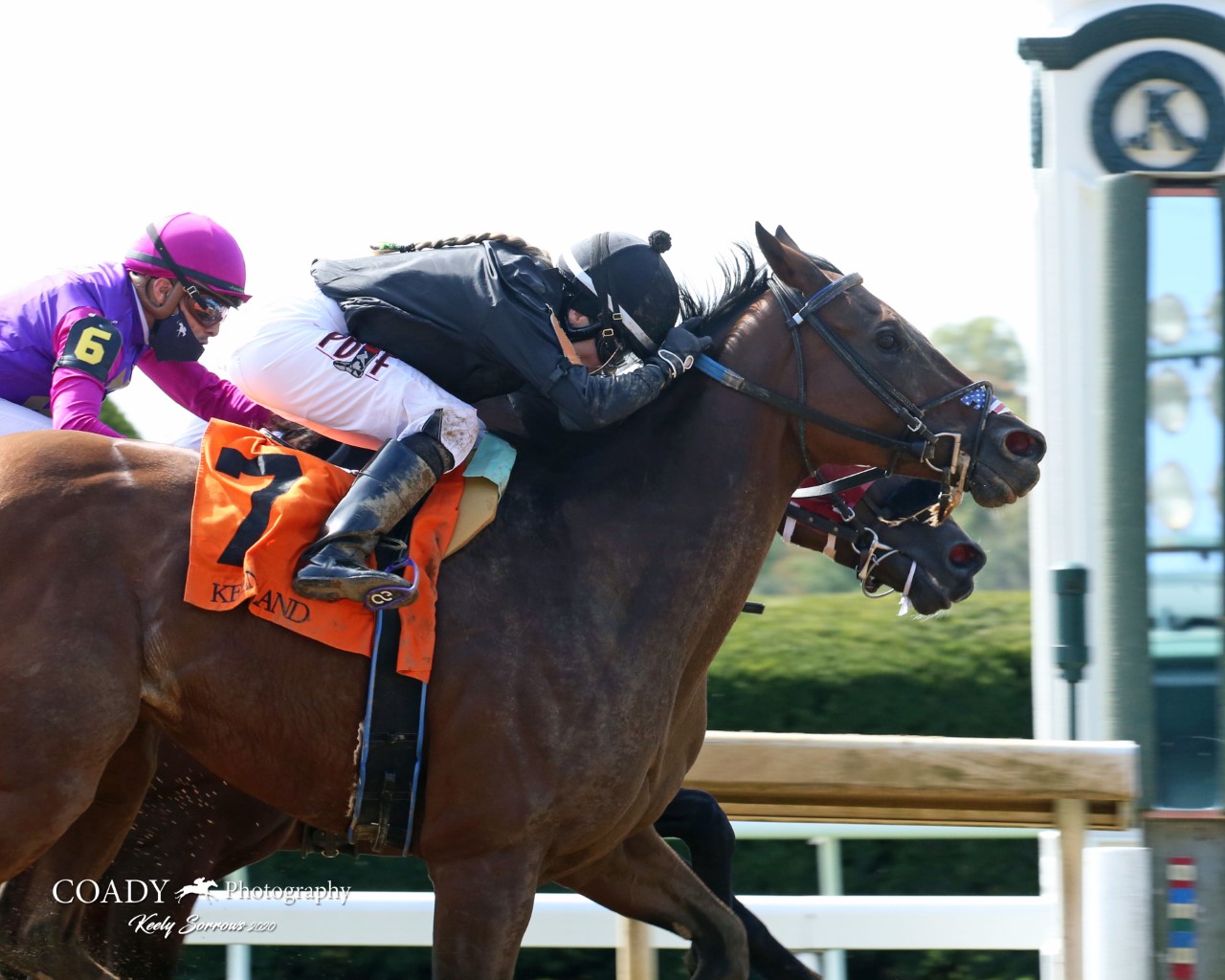In action on the racetrack: Chel-c Bailey (7) drives home a winner at Keeneland. Photo: Keely Sorrows/Coady Photography