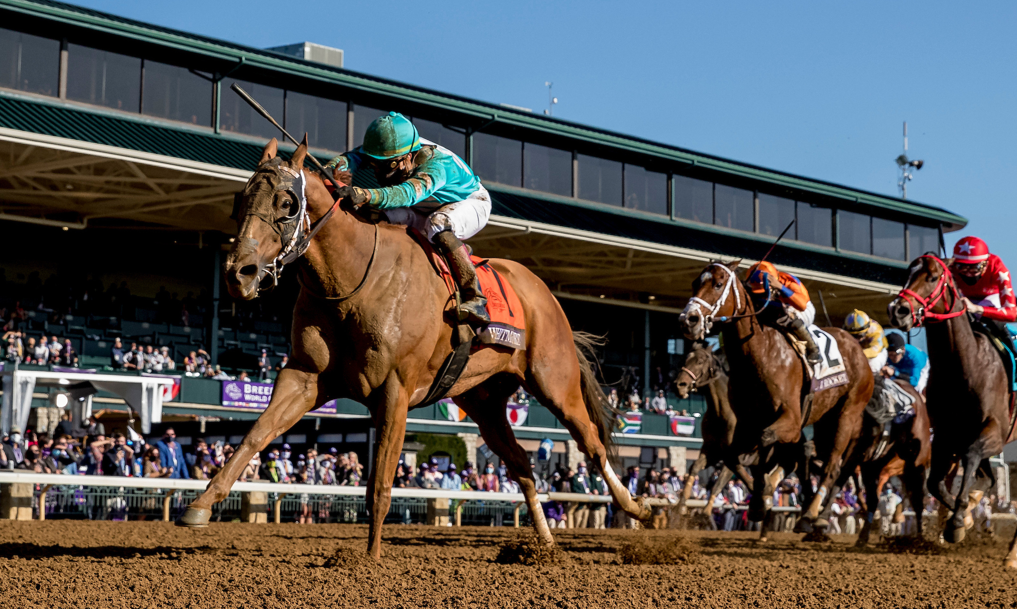 Triumph at last: Whitmore (Irad Ortiz) wins the BC Sprint at the fourth attempt. It was in track-record time, but his trainer, Ron Moquett says, “I have chased fast horses on big days my entire life … it was just very good horses out there setting those fractions.” Photo: Alex Evers/Eclipse Sportswire/Breeders Cup/CSM