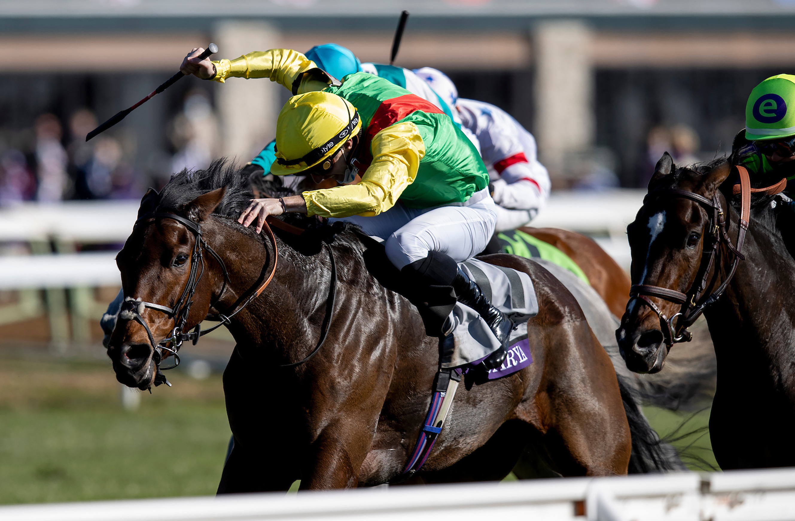 Audarya (Pierre-Charles Boudot) takes the spoils in a driving finish to the Maker’s Mark Filly & Mare Turf at Keeneland to give Newmarket trainer James Fanshawe his first Breeders’ Cup winner with his first Breeders’ Cup runner. Photo: Alex Evers/Breeders’ Cup/Eclipse Sportswire/CSM