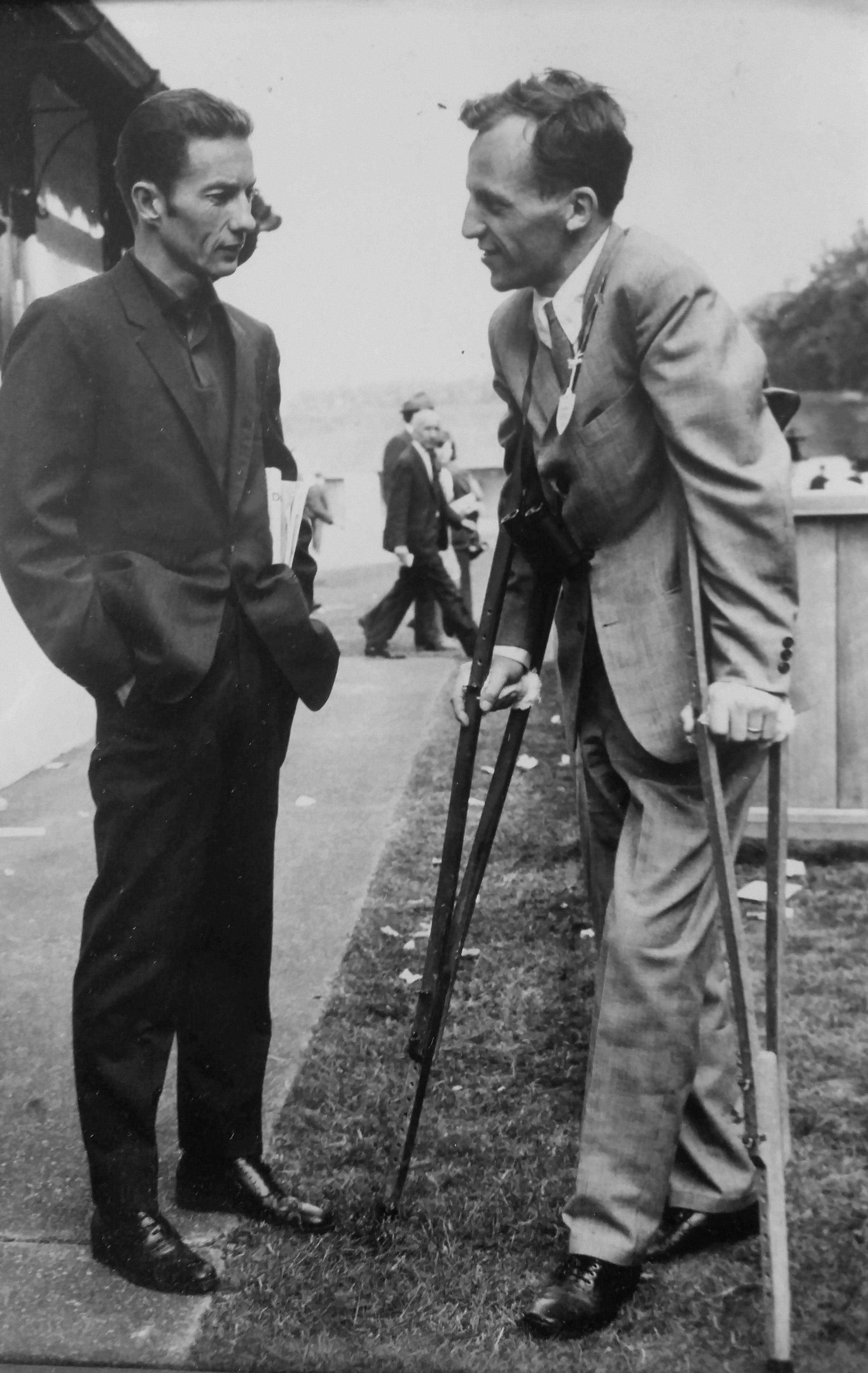 Lester Piggott (left) with Noble Dancer’s trainer in Norway, Terje Dahl, at Newmarket, just  after Dahl had suffered a broken leg after a fall in a hurdle race in England. Piggott recommended the colt to Dahl