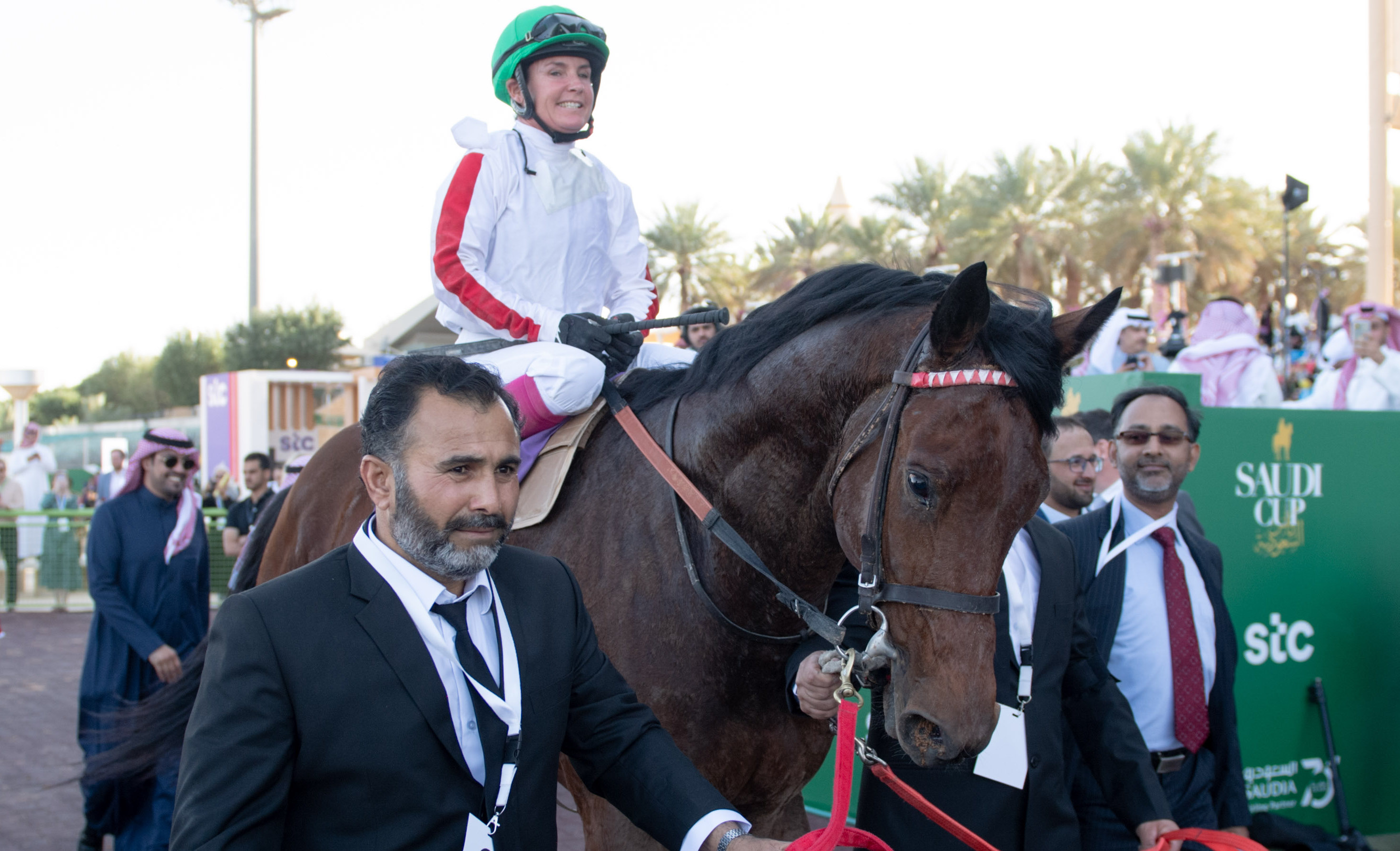 Lisa Allpress is led to the winner’s circle after that historic first in Saudi Arabia last February. Photo: Doug Felice/Jockey Club of Saudi Arabia