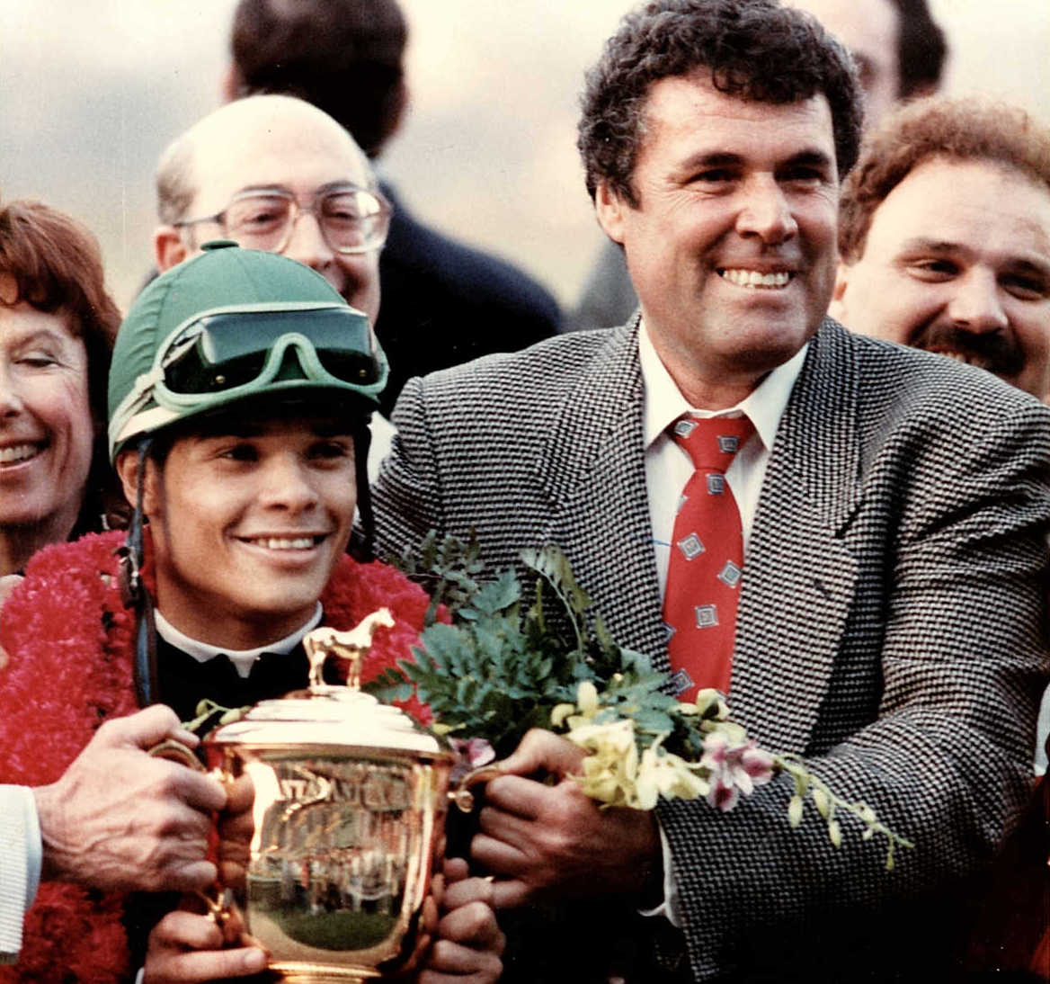 Julio Canani in 1989 with jockey Martin Pedroza after rank outsider Martial Law’s win in the Santa Anita Handicap. Photo: Team Valor International