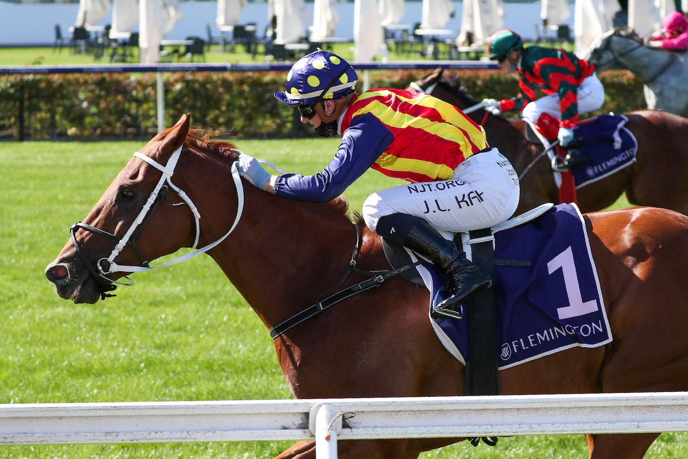 Melbourne champion jockey-elect Jamie Kah wins the G1 Lightning Stakes at Flemington earlier this year. Kah is the highest woman in the TRC Global Rankings at world #32. Photo: Racing Photos