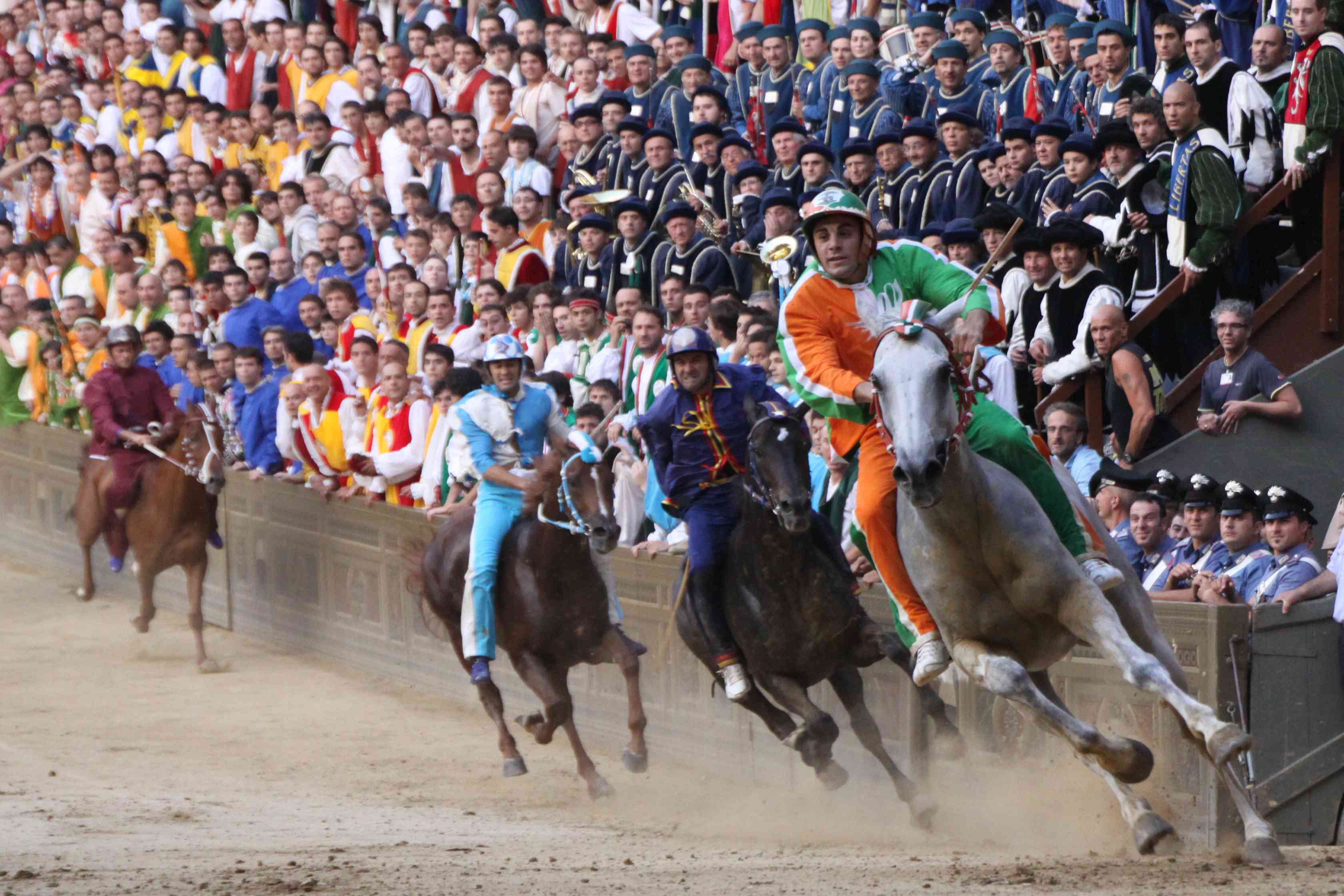The furious, bareback, world-famous Palio di Siena around the main piazza at Siena in Italy, the race where young Maurizio Guarnieri made his first mark on equine sport