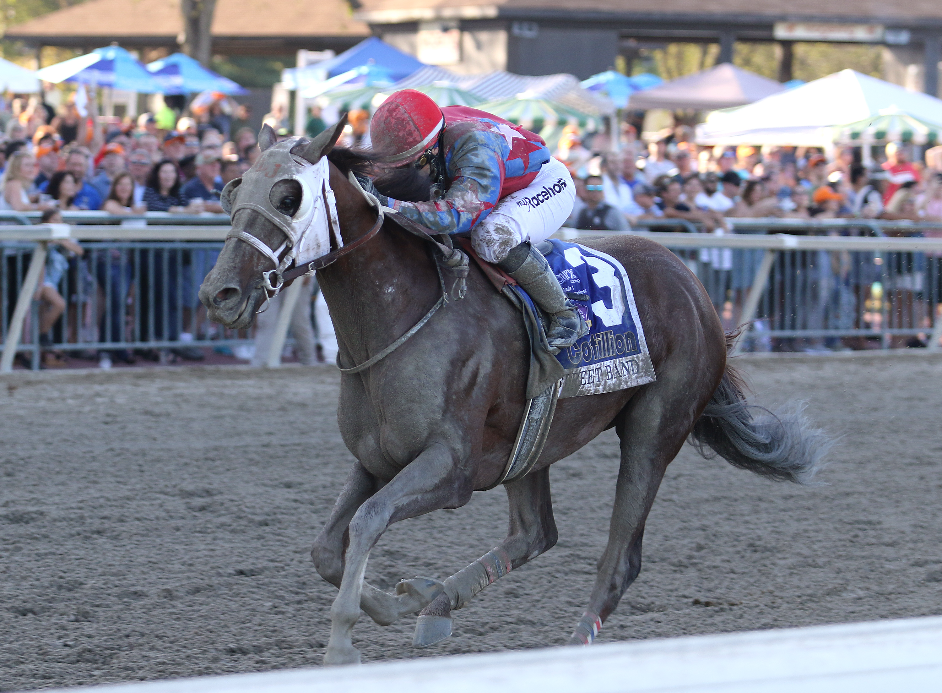 Sophie Doyle winning the G1 Cotillion Stakes at Parx Racing in 2019: “She has developed a great clock in her head,” says her brother. “Her tactics from what I see in the big races are on point.” Photo: Bill Denver/Equi-Photo