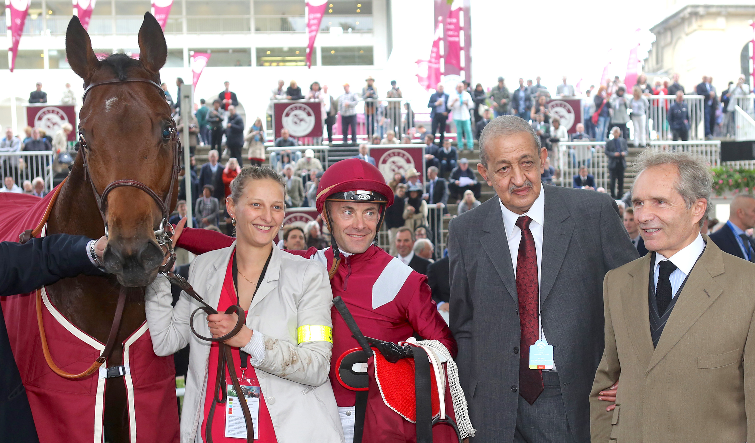 Star stallion: Mishriff’s sire Make Believe with jockey Olivier Peslier, Prince Faisal and trainer Andre Fabre (right) after winning the G1 Prix de la Foret at Longchamp in 2015. Photo: Frank Sorge/racingfotos.com