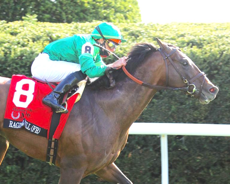 Top U.S. turf miler Raging Bull, who went for €90,000 at the 2016 Orby Sale, is pictured winning the G1 Maker’s Mark Mile at Keeneland in April under Irad Ortiz. Photo: Coady