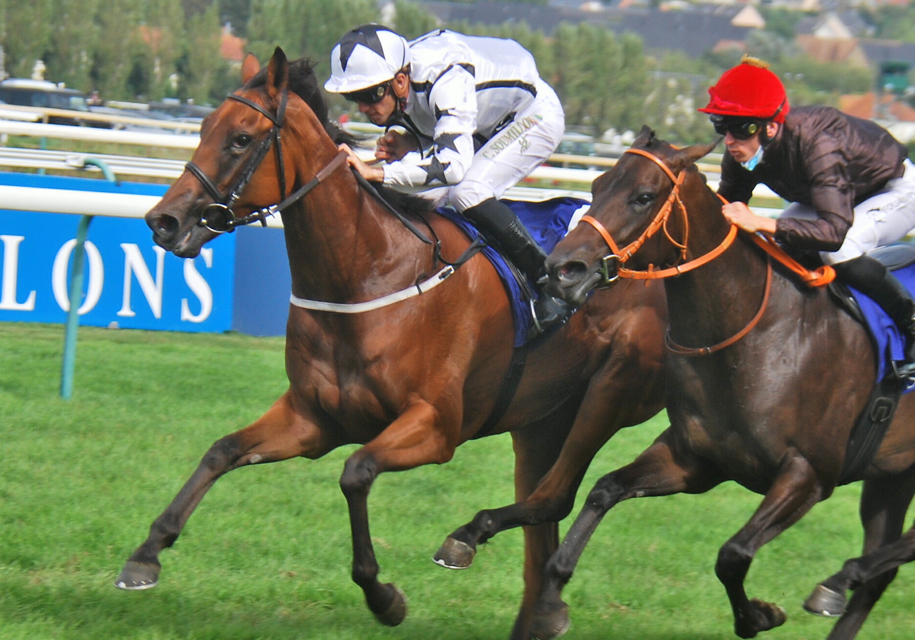 Bargain buy: Subsequent Guineas third Fev Rover (Christophe Soumillon, left) takes the G2 Prix Calvados from Plainchant at Deauville last August for trainer Richard Fahey. Photo: John Gilmore 